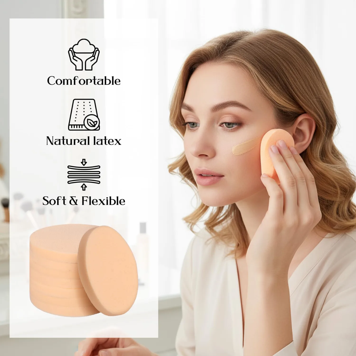 12PCS Round Makeup Sponges, Beige Round Cosmetic Sponge Pad for Wet and Dry Use, Cosmetic Sponge Foam Pad for Foundation, Puff, Liquid Foundation, Cream and Concealer (Diameter 5.5cm, Thickness 0.5cm)