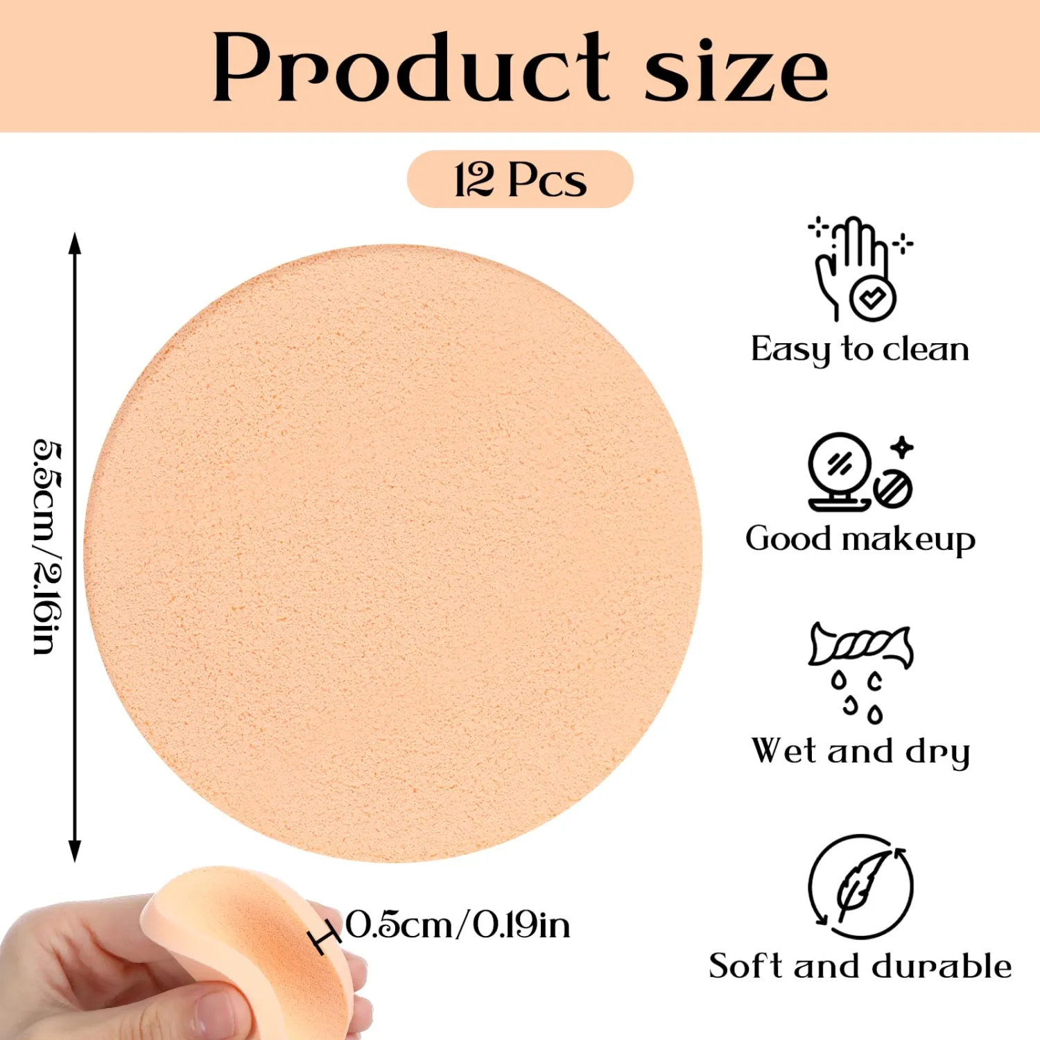 12PCS Round Makeup Sponges, Beige Round Cosmetic Sponge Pad for Wet and Dry Use, Cosmetic Sponge Foam Pad for Foundation, Puff, Liquid Foundation, Cream and Concealer (Diameter 5.5cm, Thickness 0.5cm)