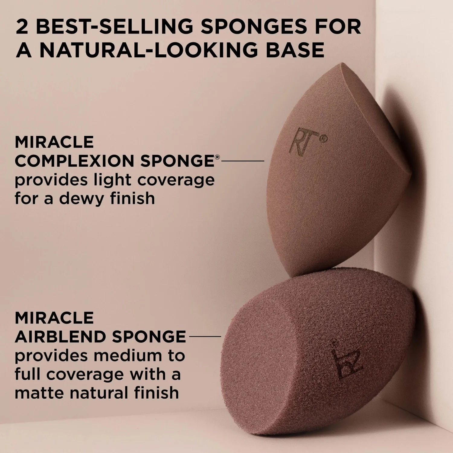 Real Techniques New Nudes Bare Finish Sponge Duo, Beauty Sponges for Liquid Foundation, Skin Tint & Concealer, Light-to-Full Coverage, Latex-Free Makeup Sponges, Cruelty-Free, 2 Count