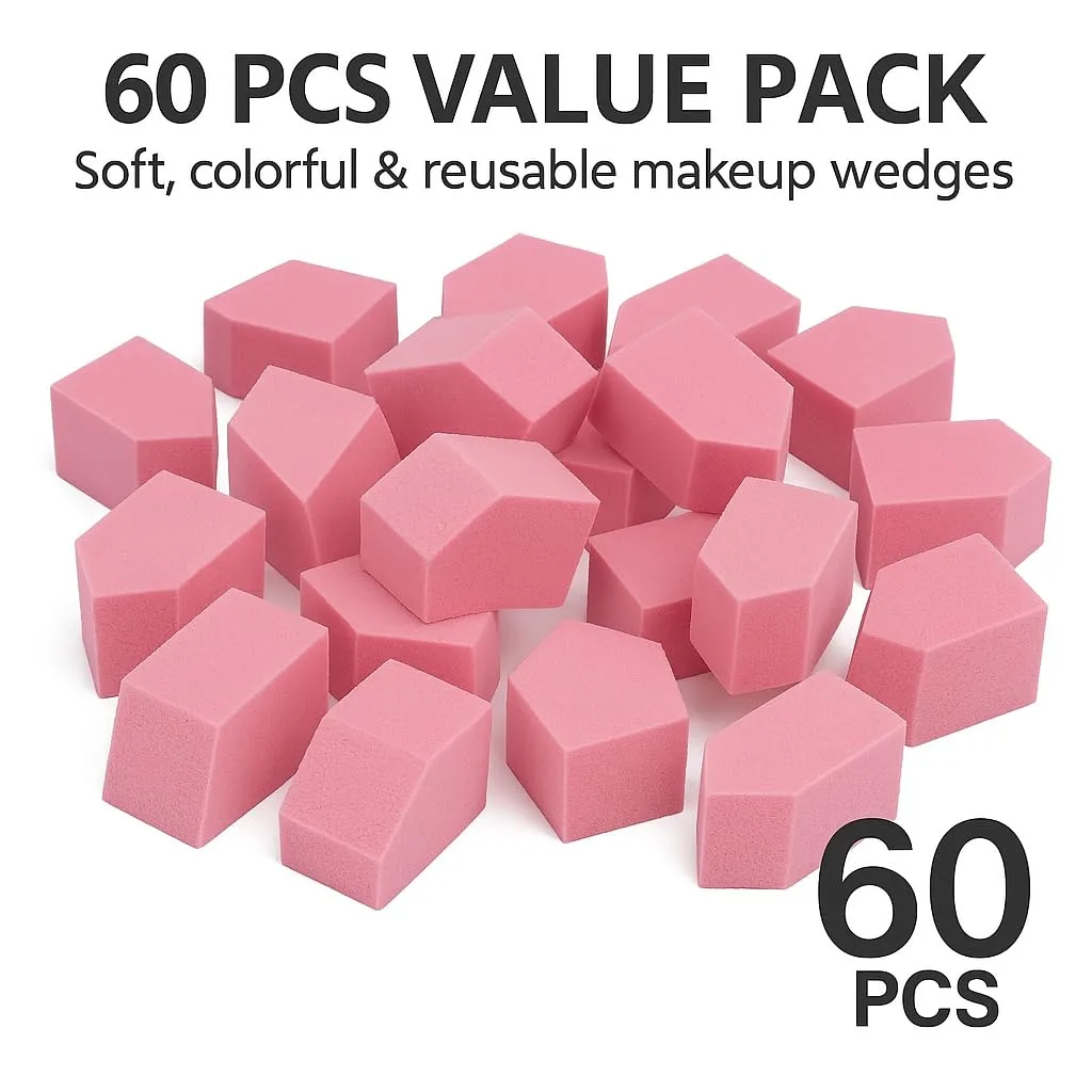 Makeup Sponges Set 60 Count Triangle Cosmetic Wedges for Foundation Blending, Nail Art, Crafts, Face Painting | Beauty Sponges Cosmetic Rectangular Wet or Dry Use (Pink)