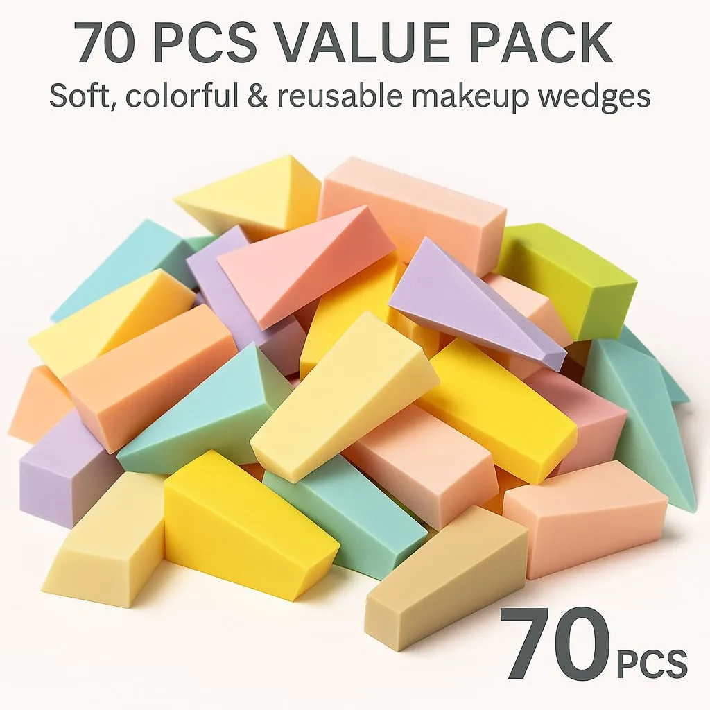 Makeup Sponges Set 70 Count Triangle Cosmetic Wedges for Foundation Blending, Nail Art, Crafts, Face Painting | Beauty Sponges Cosmetic Rectangular Wet or Dry Use (Color Mixing)