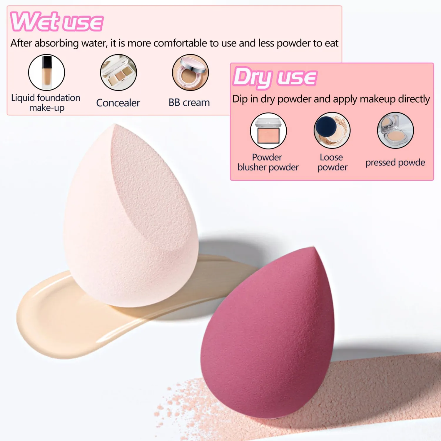 8 PCS Makeup Sponge, Super Soft Beauty Sponge, Latex Free Multicolor Sponges for Powder Cream and Liquid, Set Professional Makeup Tools with Storage Box (Pink)