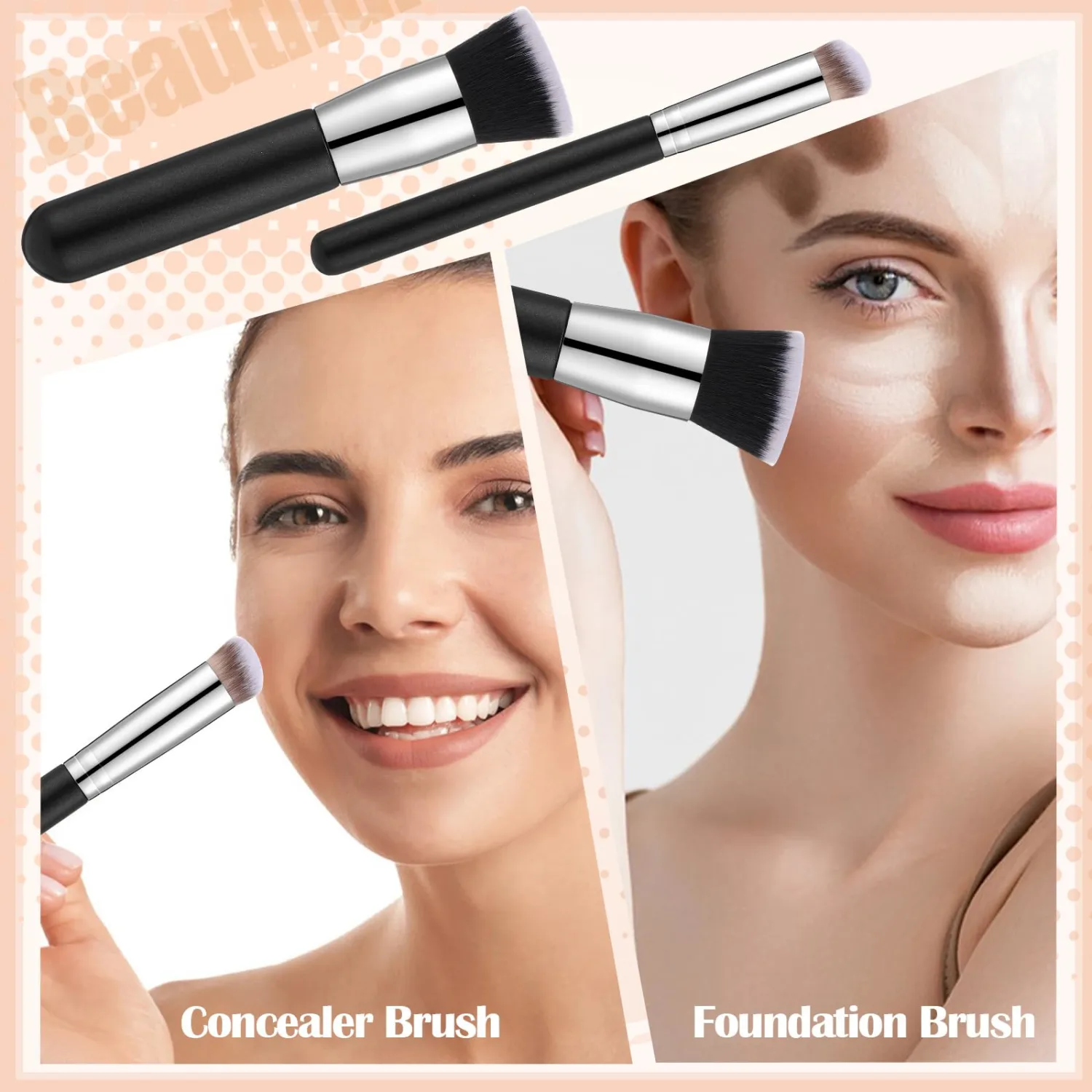 6Pcs Foundation Brush for Liquid Makeup,Liquid Foundation Brush with Makeup Sponge and Powder Puff for Foundation, Powder, Blush, and Concealer(Black)