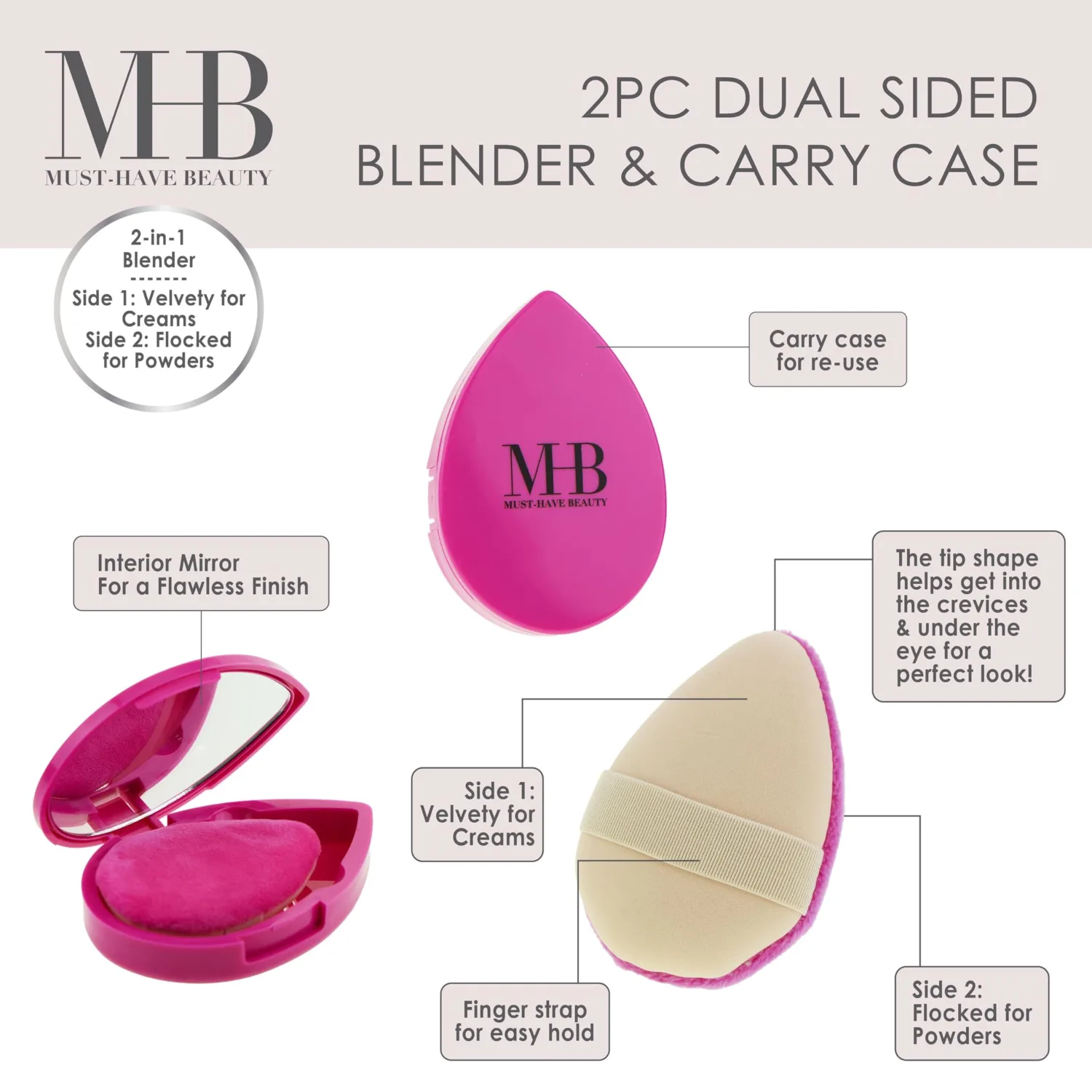 2pc Dual-Sided Beauty Puff with Carrying Case & Matching Mirror for Flawless Application | Professional Beauty Blenders For Flawless Makeup Application, Pink Makeup Sponge w/Holder