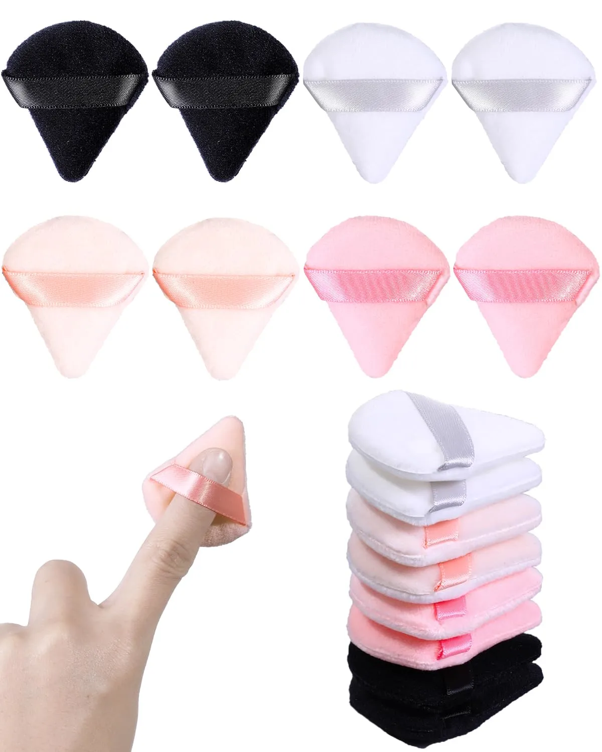 8 PCS Mini Powder Puff, Finger Setting Powder Puffs for Face, Small Velour Triangle Makeup Sponge (Black+White+Nude+Pink)
