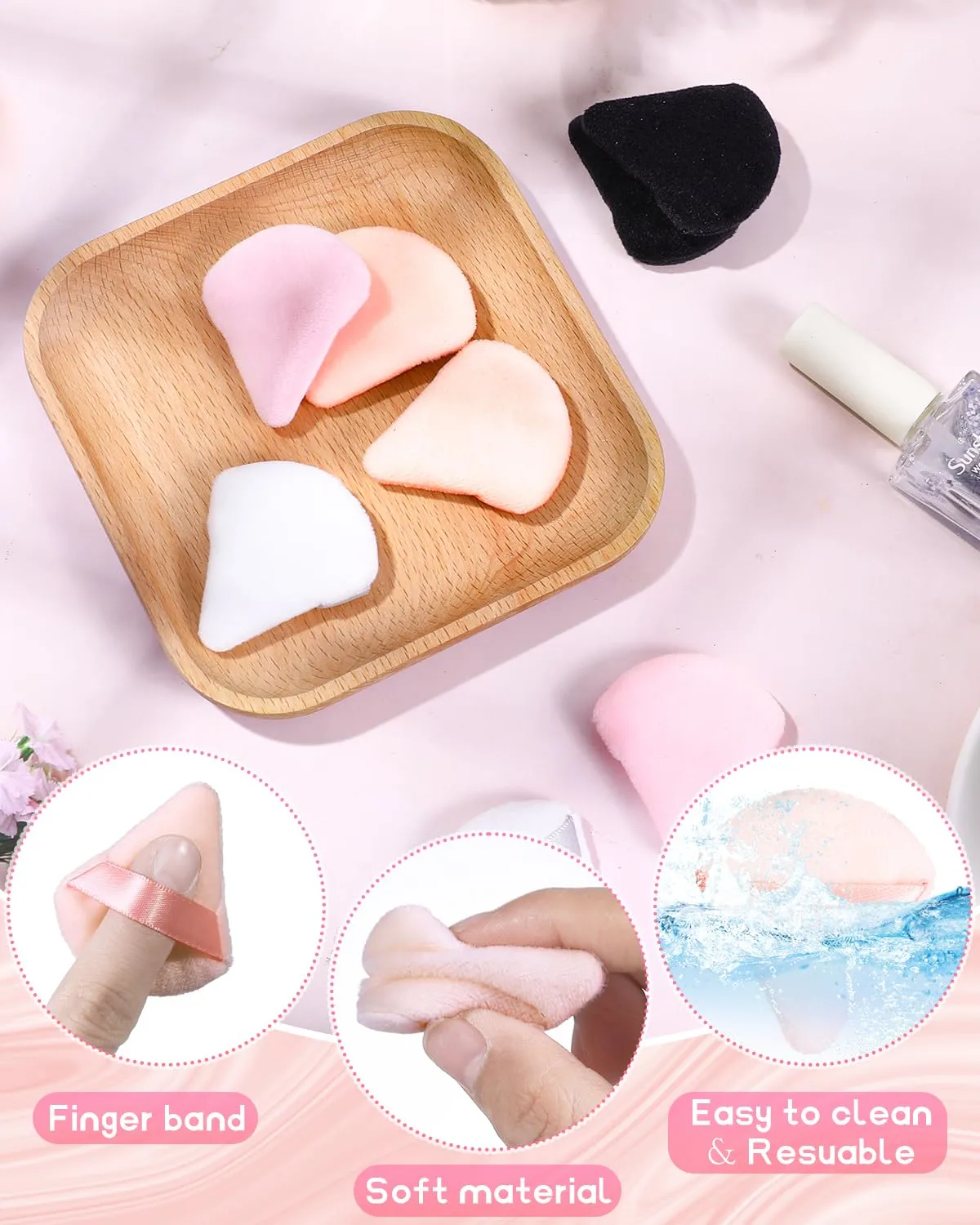 8 PCS Mini Powder Puff, Finger Setting Powder Puffs for Face, Small Velour Triangle Makeup Sponge (Black+White+Nude+Pink)