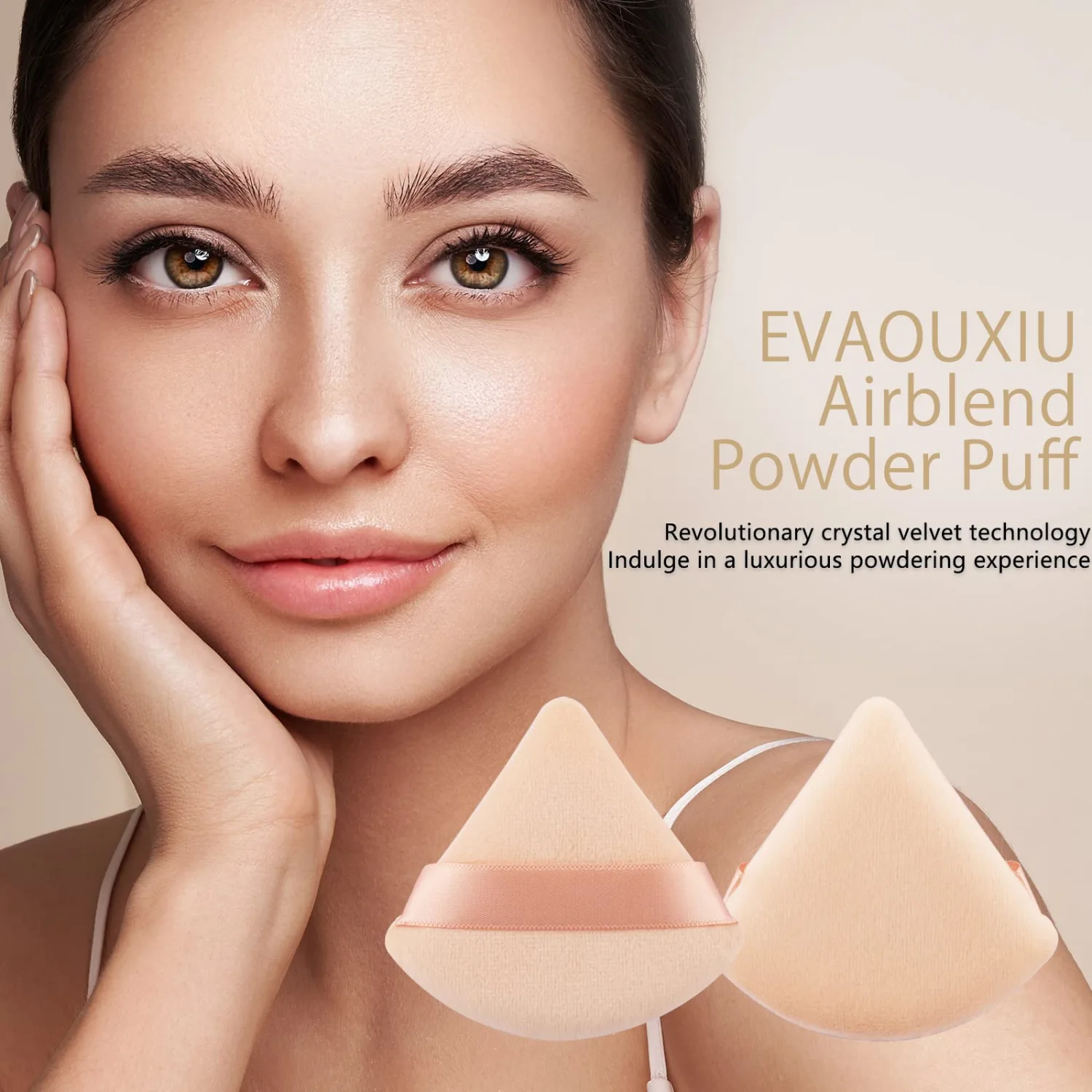 2 Pcs EVAOUXIU Triangle Powder Puff for Face Powder, Soft Plush Setting Powder Puff, Velour Cosmetic Foundation Blender Sponge Beauty Makeup Tools (Nude)