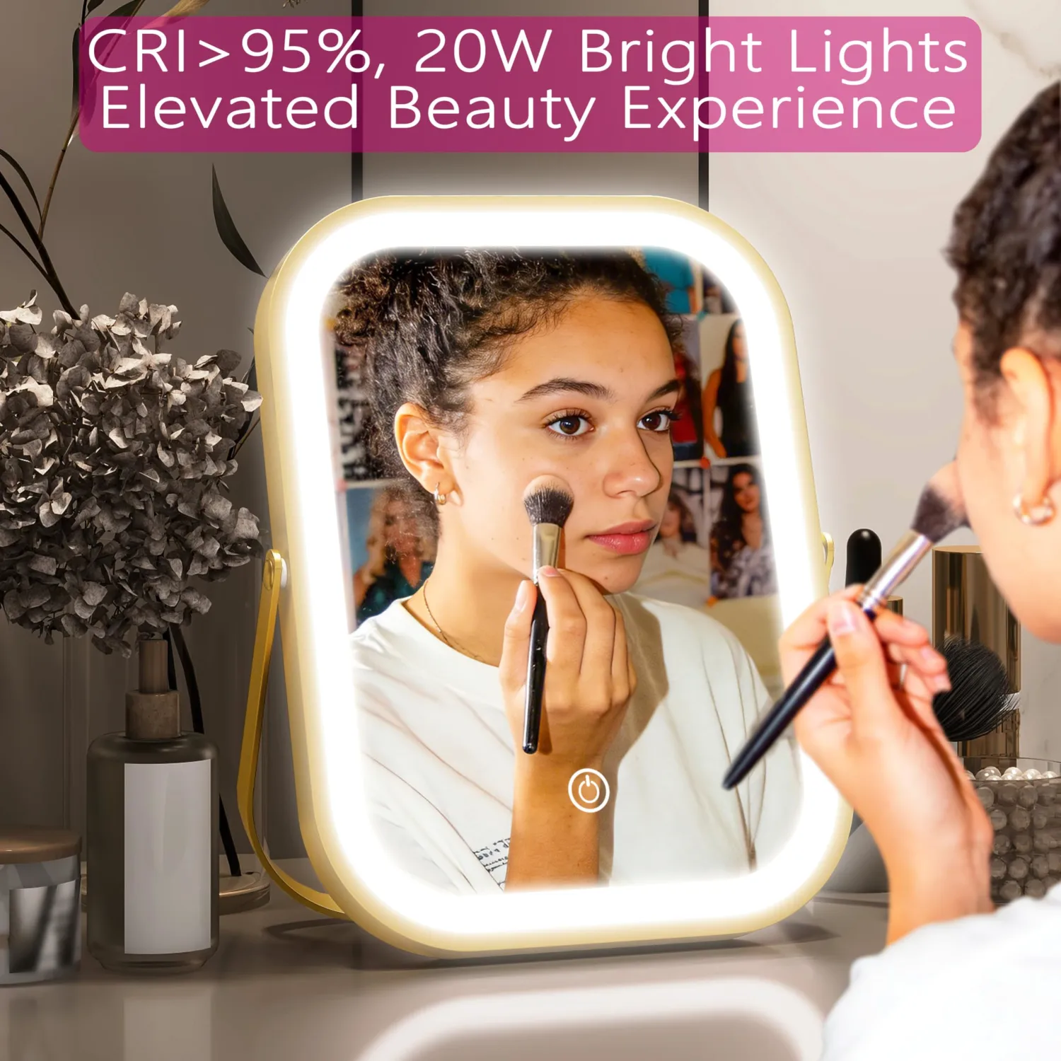 PRIMETEK Travel Makeup Mirror with Lights, Portable Small Beauty LED Vanity Mirror with Lights, 1200mAh Battery, Dimmable Touch Screen, Tabletop Folding Compact Mirror,Women Gift