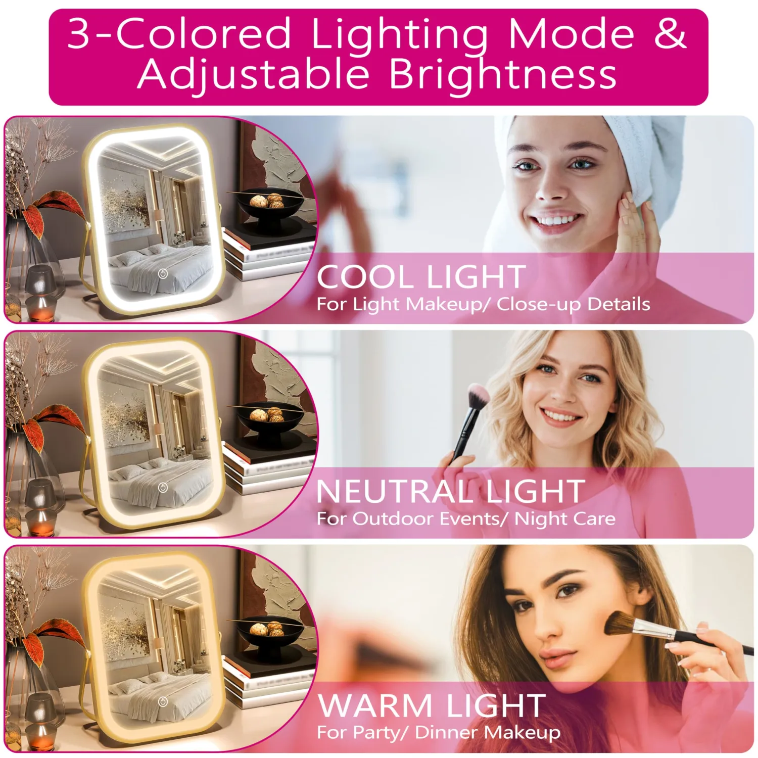 PRIMETEK Travel Makeup Mirror with Lights, Portable Small Beauty LED Vanity Mirror with Lights, 1200mAh Battery, Dimmable Touch Screen, Tabletop Folding Compact Mirror,Women Gift