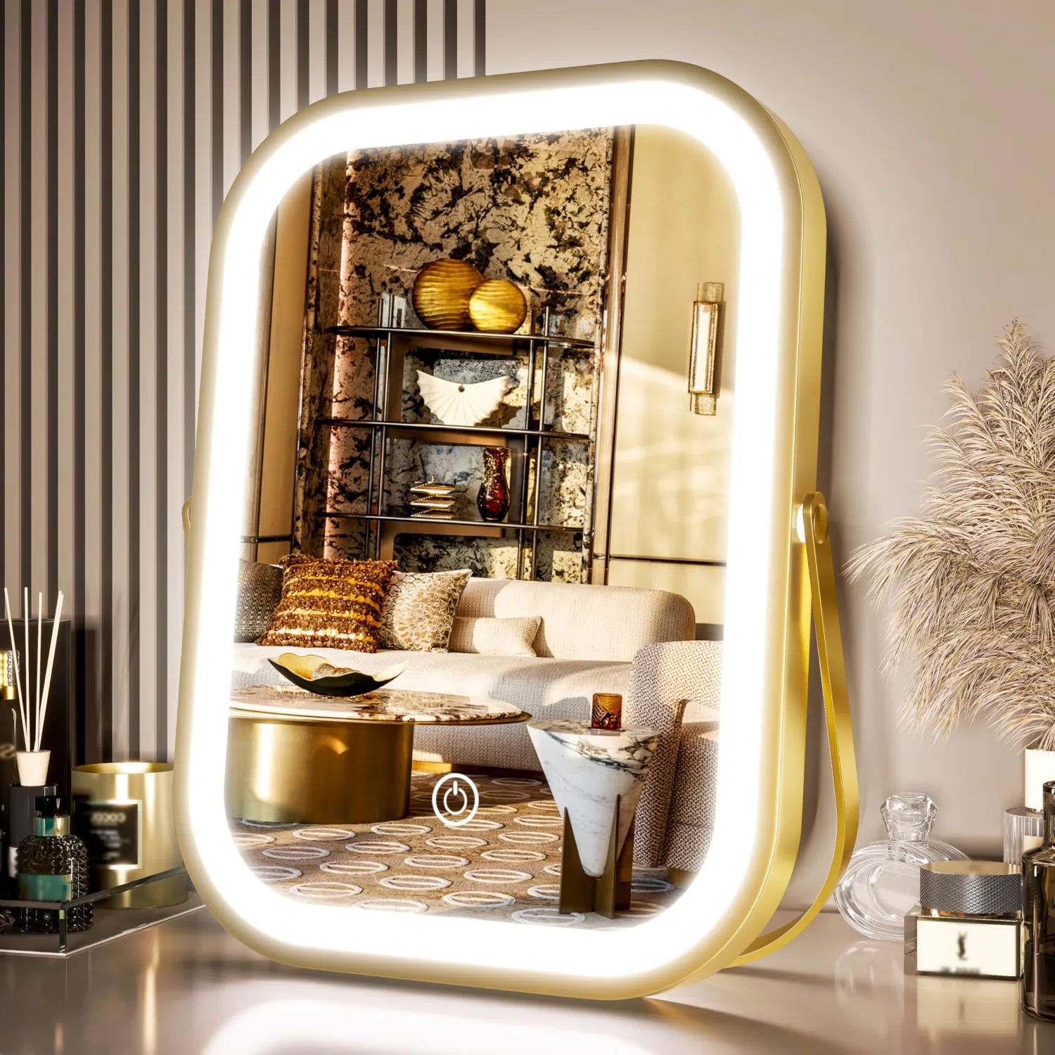 PRIMETEK Travel Makeup Mirror with Lights, Portable Small Beauty LED Vanity Mirror with Lights, 1200mAh Battery, Dimmable Touch Screen, Tabletop Folding Compact Mirror,Women Gift