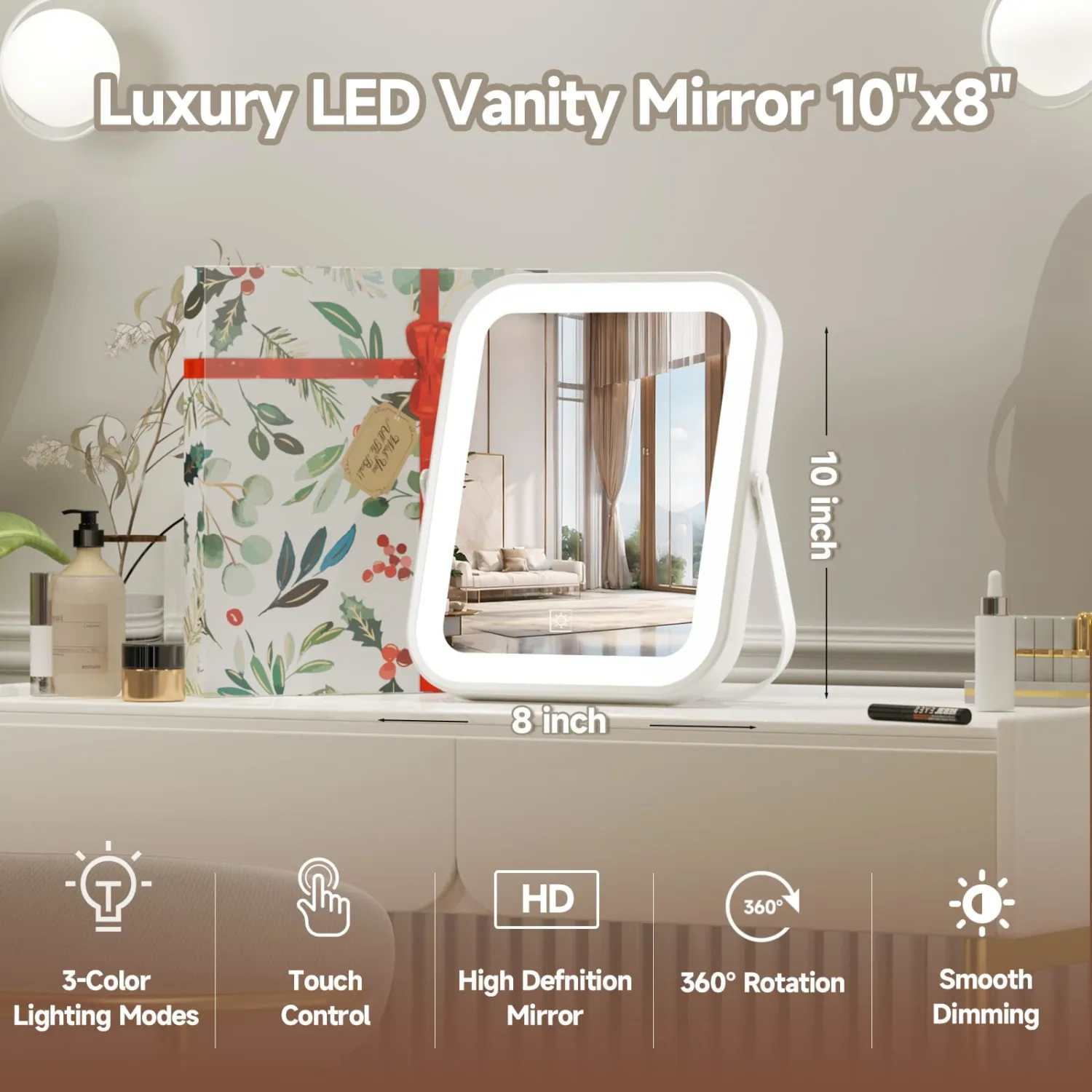 PRIMETEK Travel Makeup Mirror with Lights, Portable Small Beauty LED Vanity Mirror with Lights, Dimmable Touch Screen, Tabletop Folding Compact Mirror,Women Gift