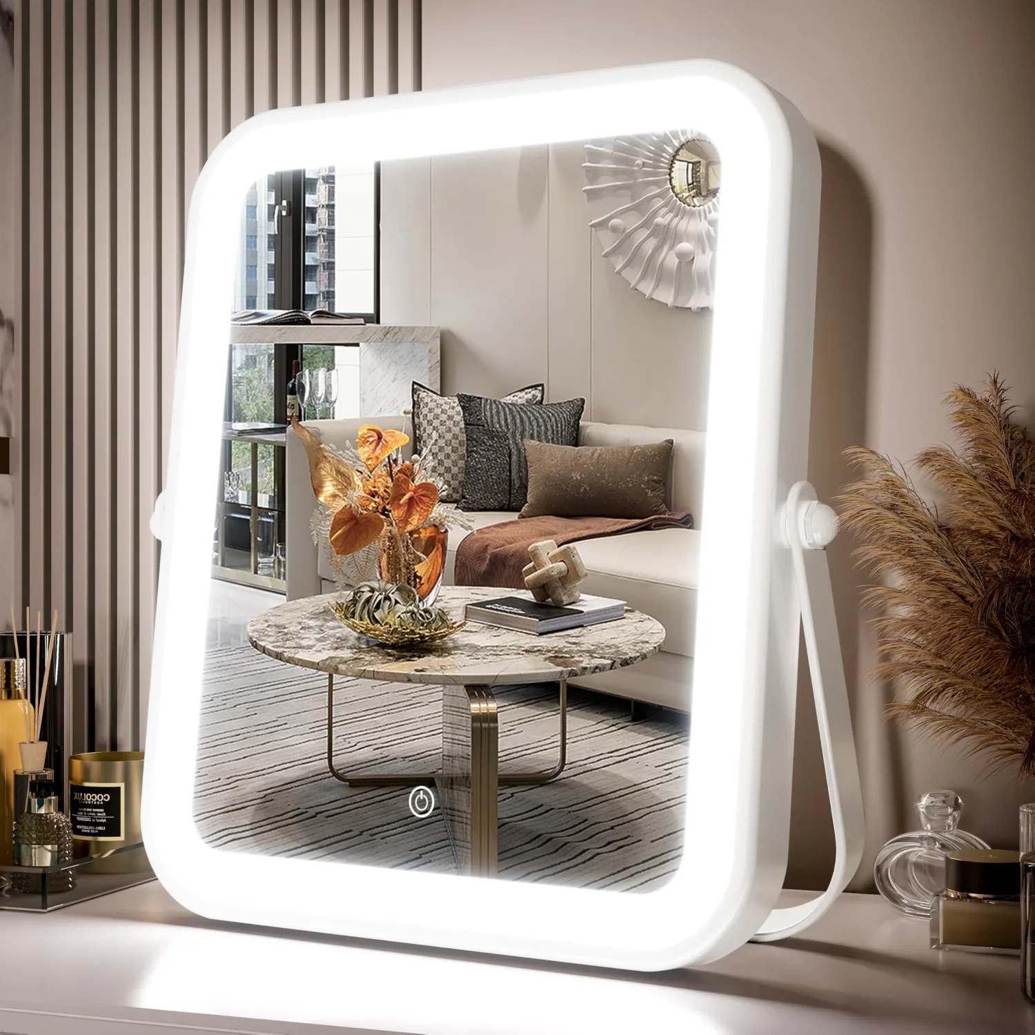 PRIMETEK Travel Makeup Mirror with Lights, Portable Small Beauty LED Vanity Mirror with Lights, Dimmable Touch Screen, Tabletop Folding Compact Mirror,Women Gift