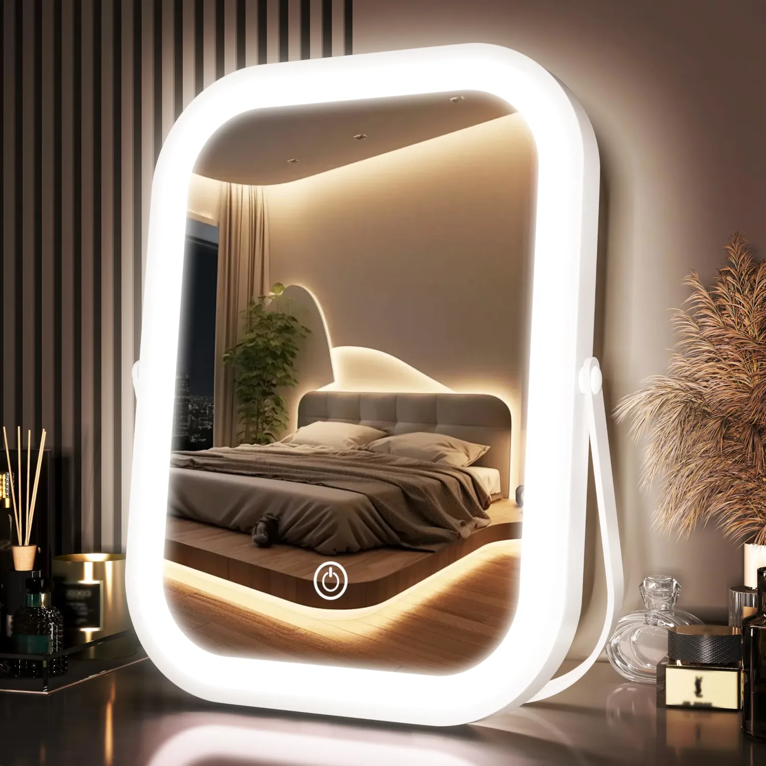 PRIMETEK Travel Makeup Mirror with Lights, Portable Small Beauty LED Vanity Mirror with Lights, 1200mAh Battery, Dimmable Touch Screen, Tabletop Folding Compact Mirror,Women Gift