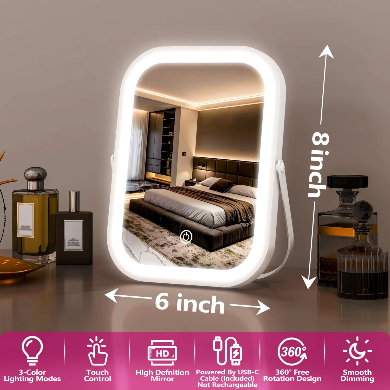 PRIMETEK Travel Makeup Mirror with Lights, Portable Small Beauty LED Vanity Mirror with Lights, 1200mAh Battery, Dimmable Touch Screen, Tabletop Folding Compact Mirror,Women Gift