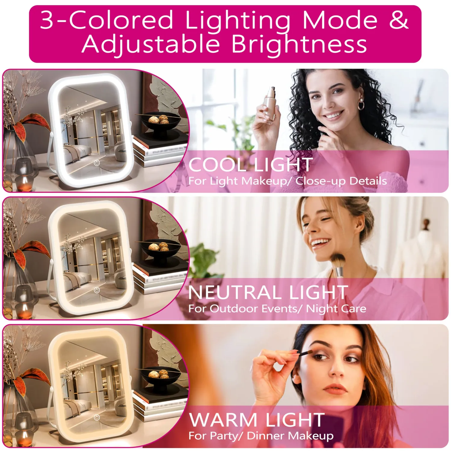 PRIMETEK Travel Makeup Mirror with Lights, Portable Small Beauty LED Vanity Mirror with Lights, 1200mAh Battery, Dimmable Touch Screen, Tabletop Folding Compact Mirror,Women Gift