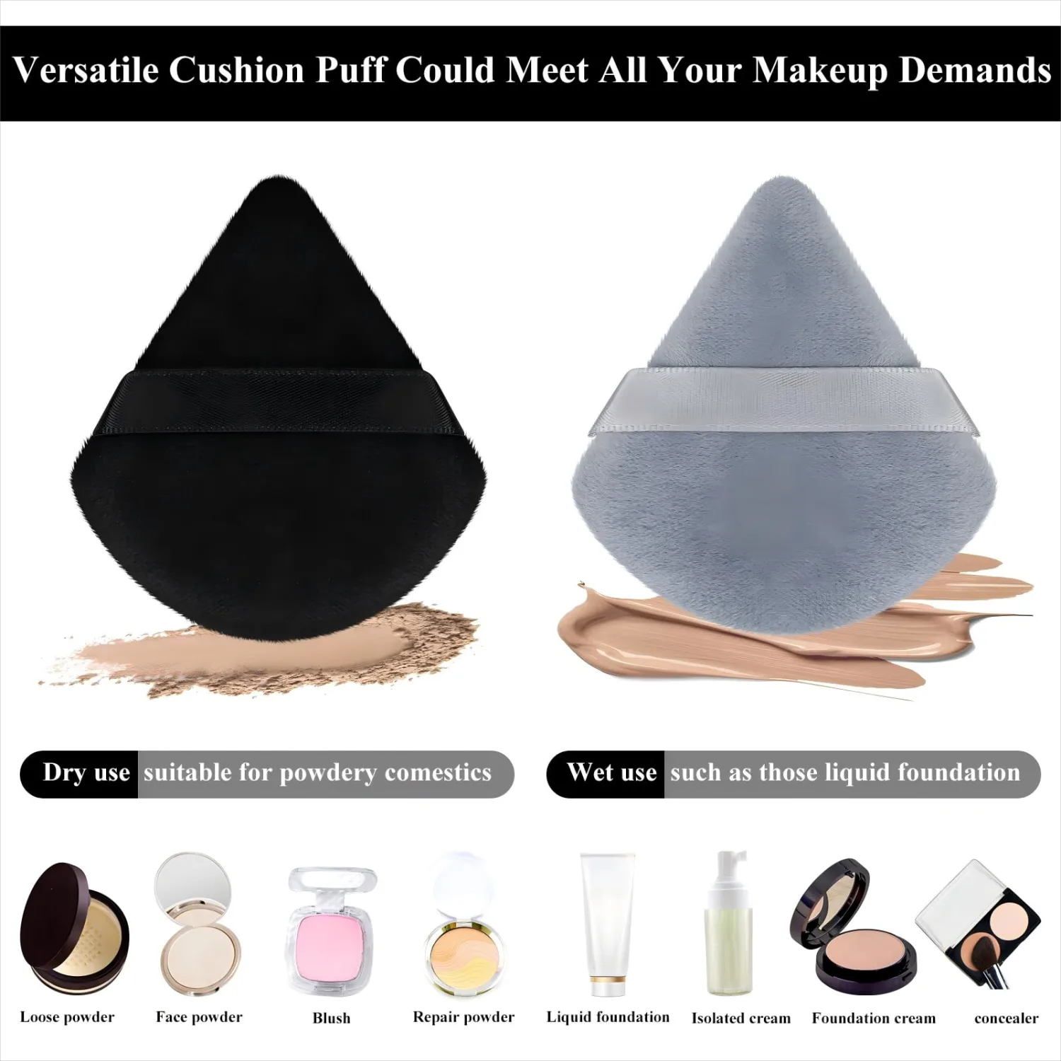 Maitys 12 Pcs Powder Puff Triangle for Face Makeup Cosmetic Loose Powder Puff Velour Soft Body Washable Reusable Foundation Sponge Wet Dry Makeup Tool for Women(Small,Black, Gray)