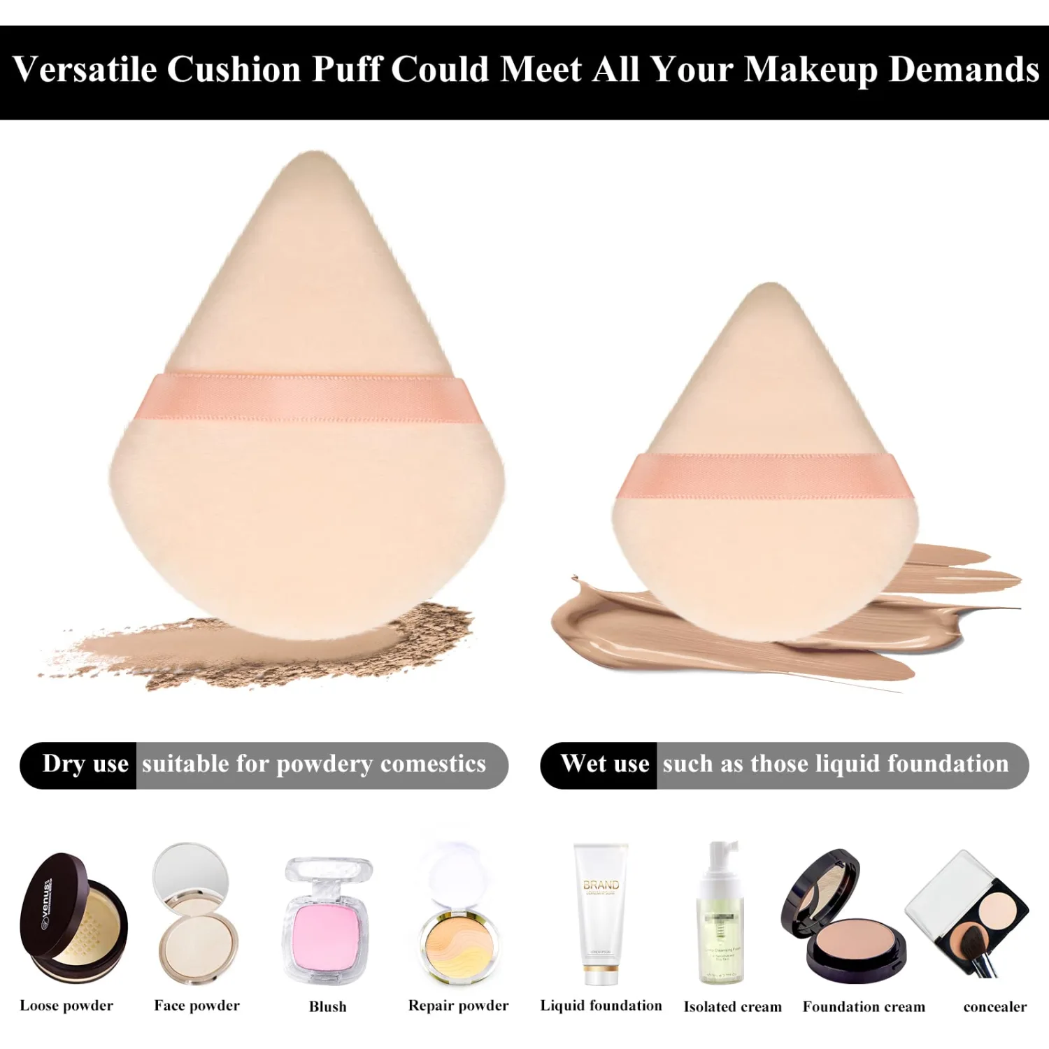 Maitys 12 Pcs Powder Puff Triangle for Face Makeup Cosmetic Loose Powder Puff Velour Soft Body Washable Reusable Foundation Sponge Wet Dry Makeup Tool for Women(Large, Small,Black, Nude Color)