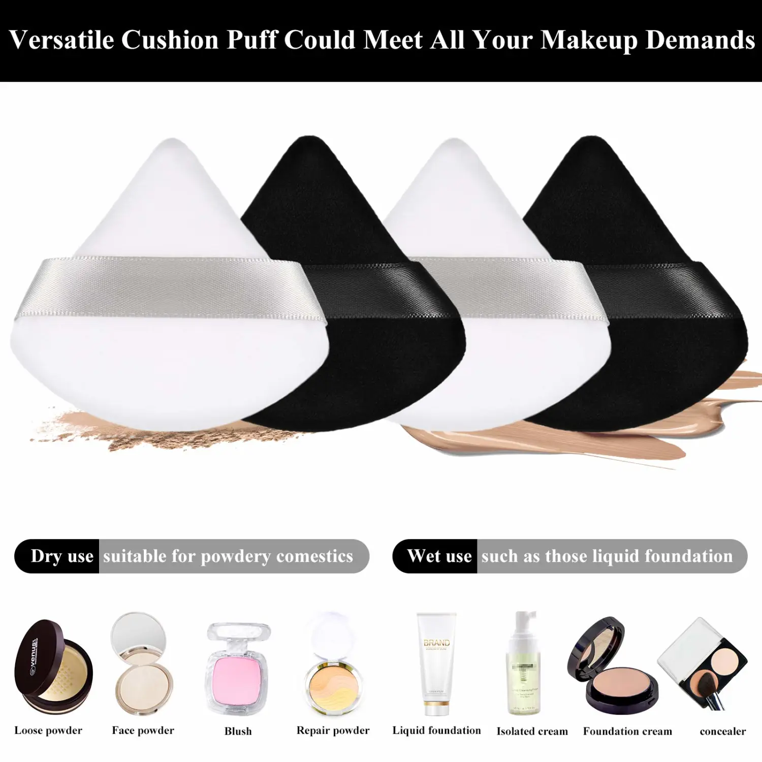 Maitys 12 Pieces Powder Puff Triangle Face Makeup Cosmetic for Loose Powder Soft Body Washable Reusable Foundation Sponge Mineral Wet Dry Makeup Tool(Black, White, Small)