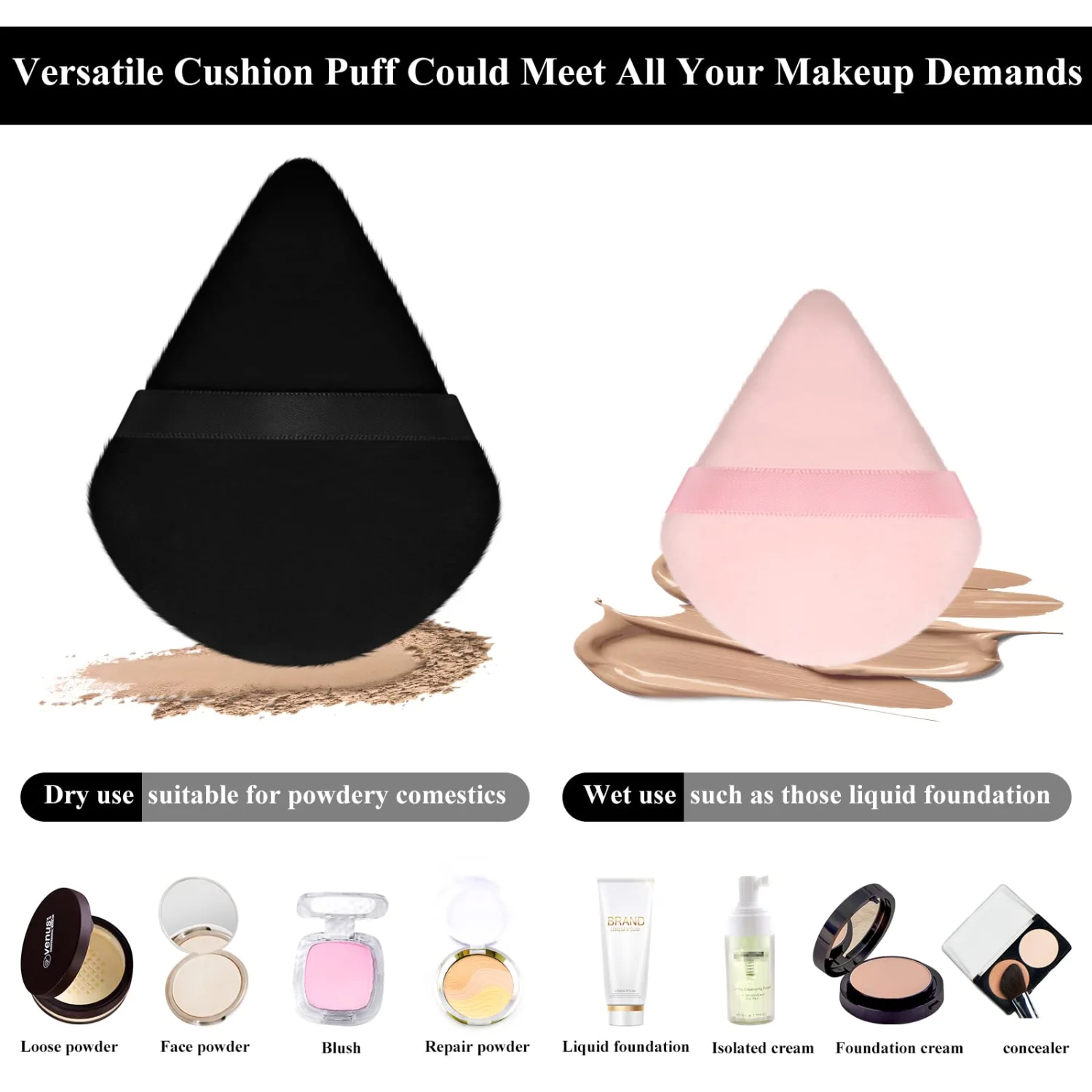 Maitys 12 Pcs Powder Puff Triangle for Face Makeup Cosmetic Loose Powder Puff Velour Soft Body Washable Reusable Foundation Sponge Wet Dry Makeup Tool for Women(Large, Small,Black, Pink)