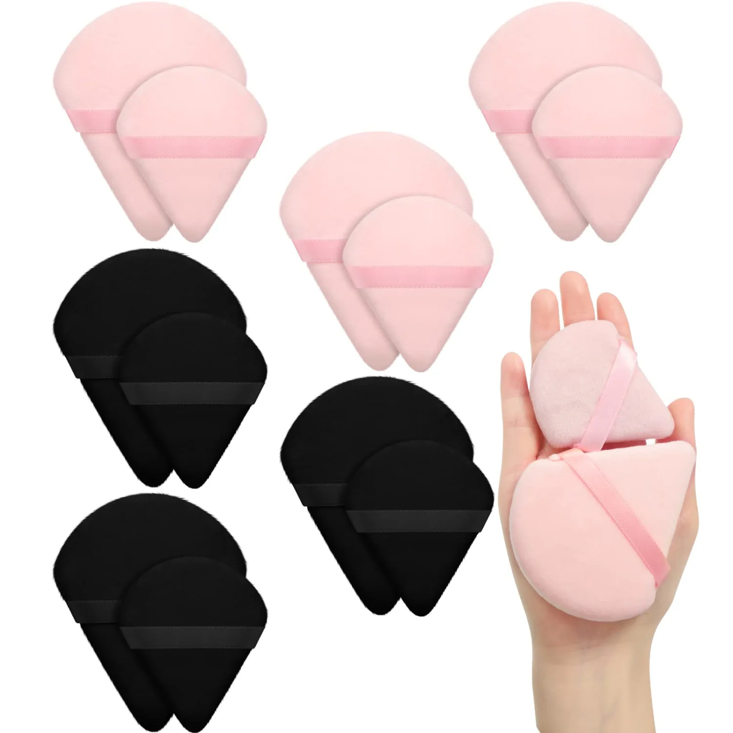 Maitys 12 Pcs Powder Puff Triangle for Face Makeup Cosmetic Loose Powder Puff Velour Soft Body Washable Reusable Foundation Sponge Wet Dry Makeup Tool for Women(Large, Small,Black, Pink)