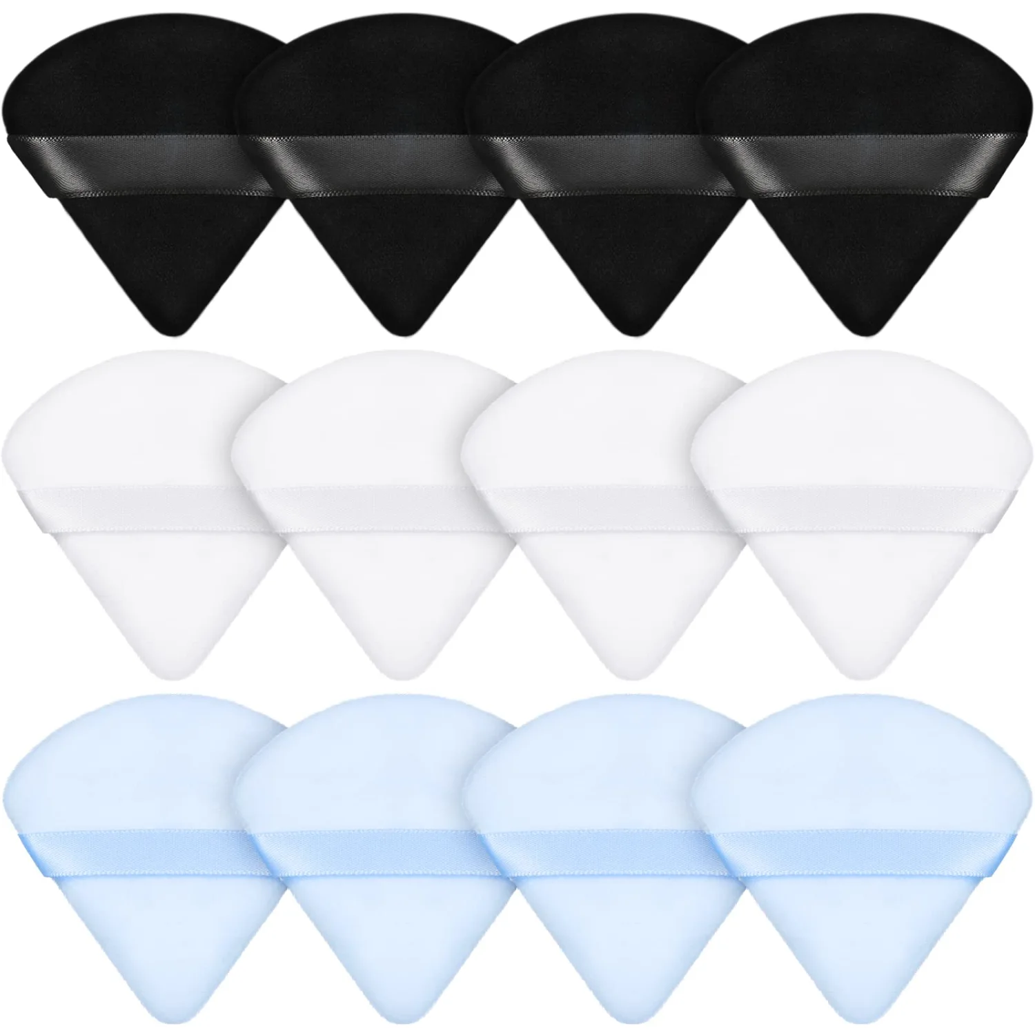 Maitys 12 Pcs Powder Puff Triangle for Face Makeup Cosmetic Loose Powder Puff Velour Soft Body Washable Reusable Foundation Sponge Wet Dry Makeup Tool for Women(Small,Black, White, Blue)