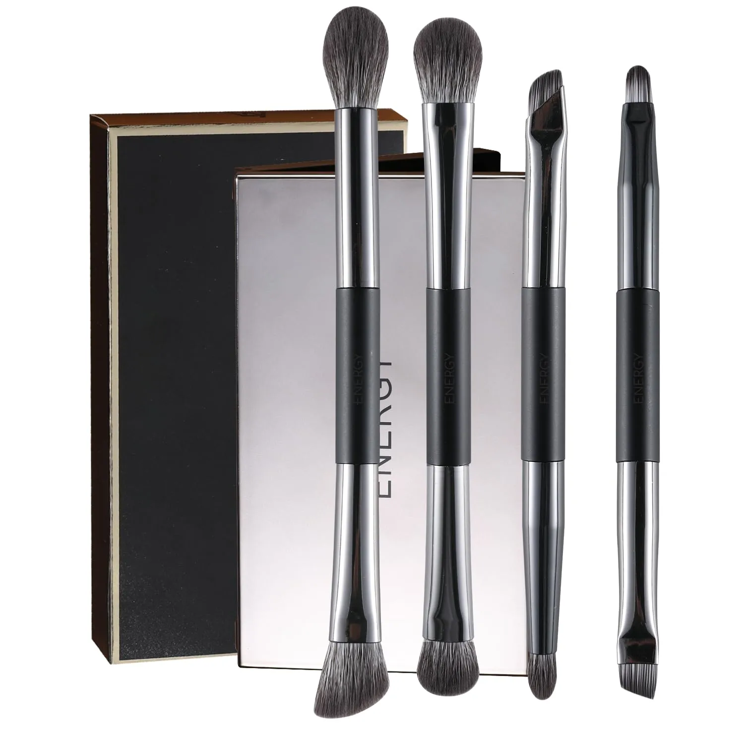 ENERGY Travel Eye Makeup Brush Set Eyeshadow Eyeliner Undereye Concealer Eyebrow Smudge Make Up Applicators for Liquid Cream Powder Blending Double ended Makeup Brushes with Case 4PCS