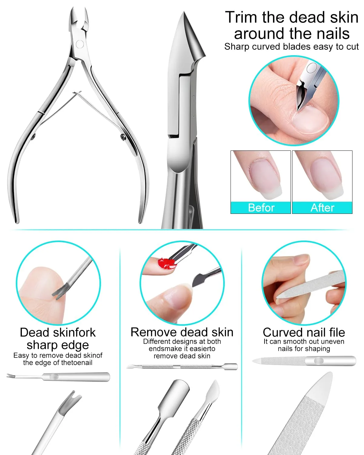 7pc Ingrown Toenail Remover Pedicure Tools Kit, Nail Clippers, File and Lifters Set for In Grown nails Removal, Professional Surgical Stainless Ingrown Toenail Tool Under Nail Cleaner