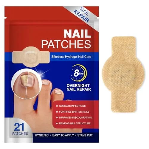 21 Pcs Nail Repair Patches, 8 Hours Overnight Renewal for Thick, Brittle and Discolored Toe Nail, Repair & Strengthen Damaged Foot Nails