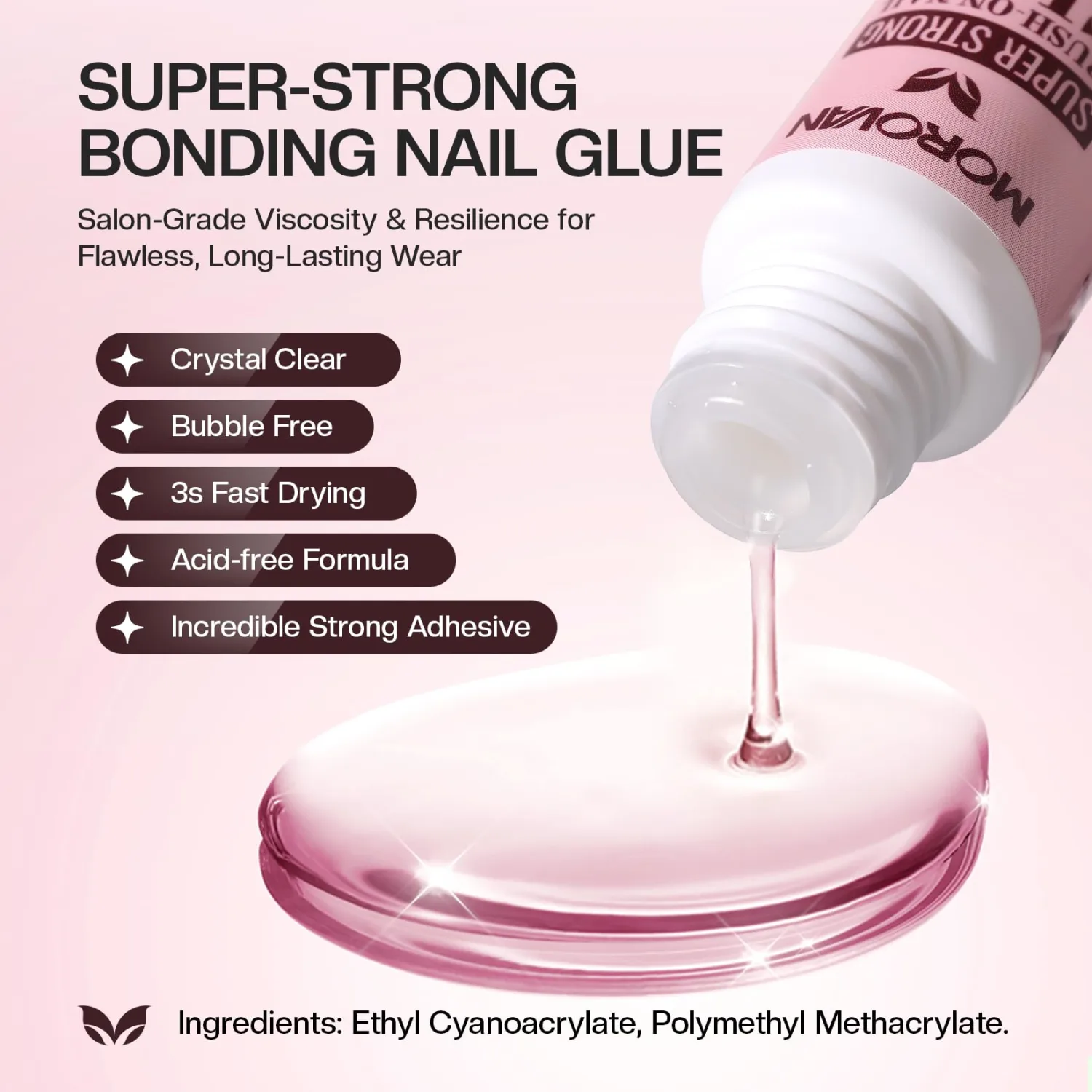 Morovan Press On Nail Glue: Brush on Nail Glue for Acrylic Nails Tips Broken Nail Fast Dry Long Lasting Professional Salon‑Grade Bond for Natural Nail