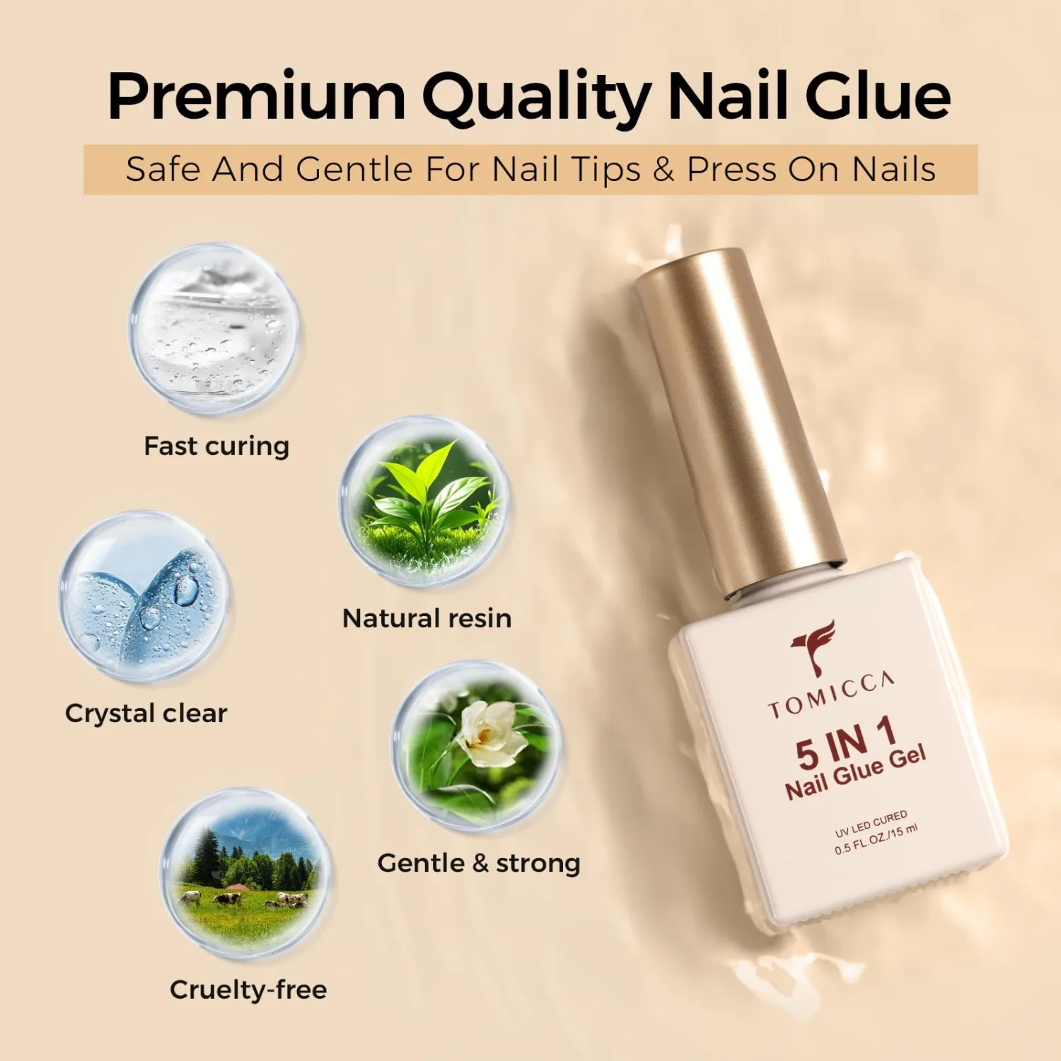 TOMICCA 5 in 1 Brush On Nail Glue Gel for Nail Tips and Press On Nails, 15ml Long‑Lasting UV Nail Adhesive for Nail Extension, Stronger Nail Glue for Spring Nail Art