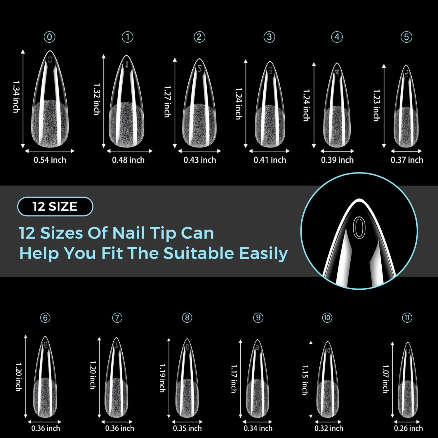 TOMICCA Long Stiletto Nail Tips 504PCS, 12 Sizes Clear Nail Tips for Full Cover Ultra Half Matte Acrylic Nails, Almond Nail Tips for DIY Salon, Gel Nail Extension Tips for Beginners & Nail Techs