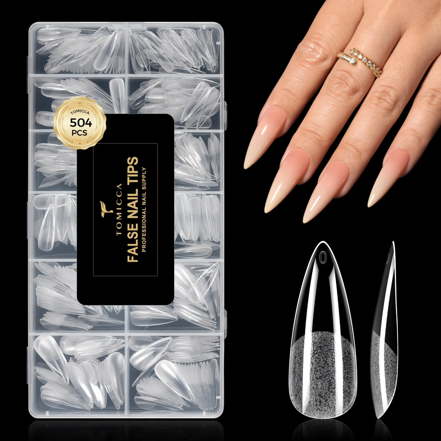 TOMICCA Long Stiletto Nail Tips 504PCS, 12 Sizes Clear Nail Tips for Full Cover Ultra Half Matte Acrylic Nails, Almond Nail Tips for DIY Salon, Gel Nail Extension Tips for Beginners & Nail Techs