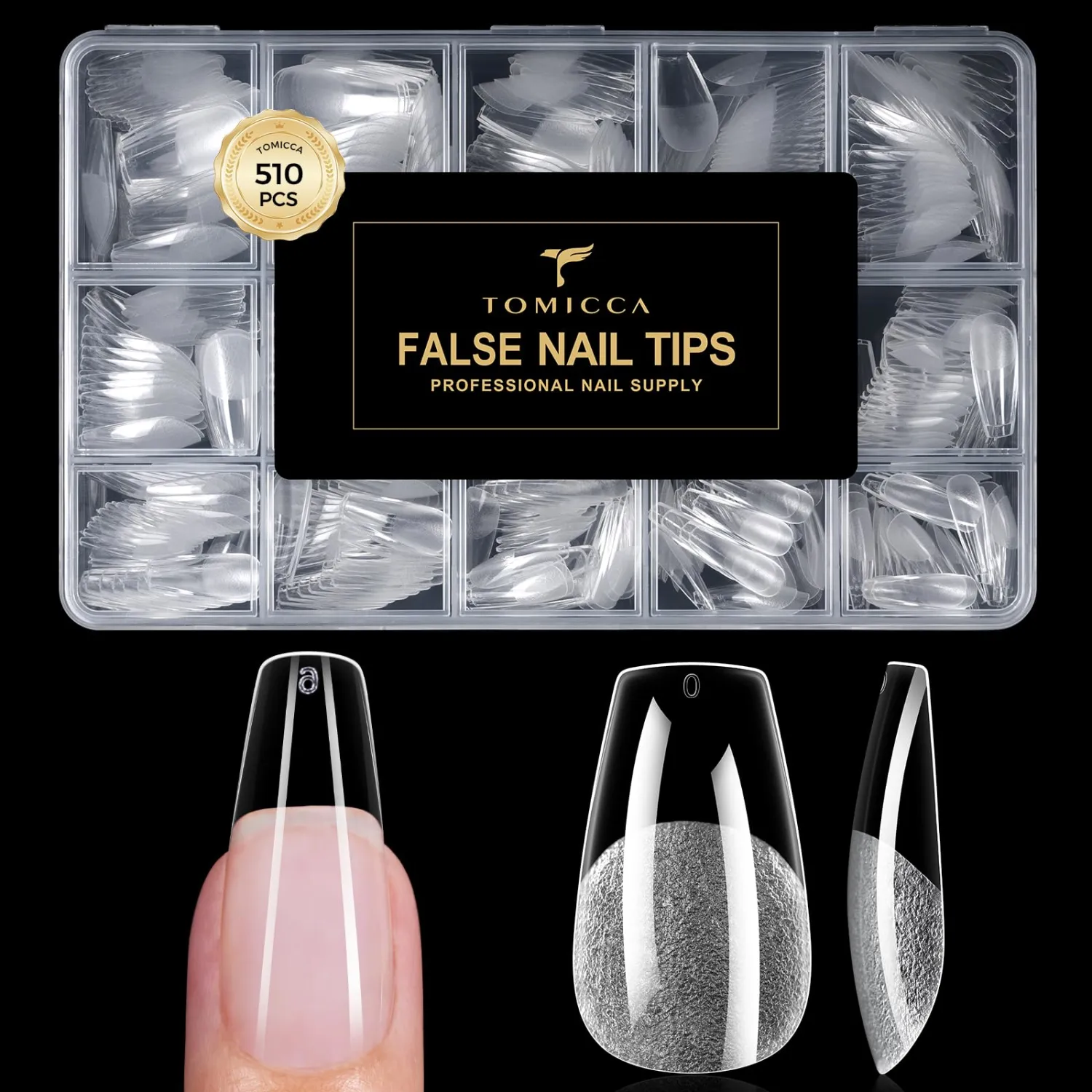 TOMICCA Medium Coffin Nail Tips 510PCS, 15 Sizes Clear Nail Tips for Acrylic Nails, Coffin Nail Tips for DIY Salon, Gel Nail Extension Tips for Beginners & Nail Techs