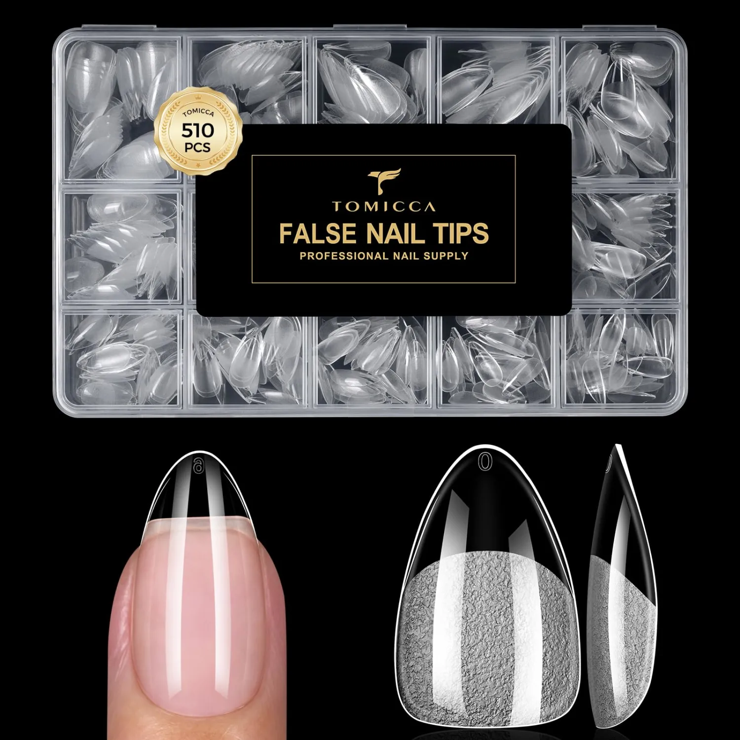 TOMICCA Short Almond Nail Tips 510PCS, 15 Sizes Clear Nail Tips for Acrylic Nails, Short Nail Tips for DIY Salon, Gel Nail Extension Tips for Beginners & Nail Techs