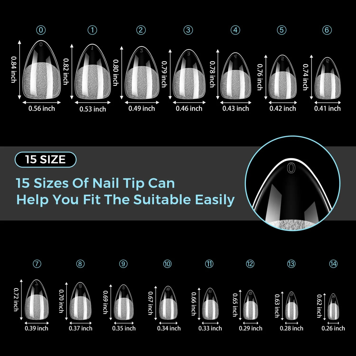 TOMICCA Short Almond Nail Tips 510PCS, 15 Sizes Clear Nail Tips for Acrylic Nails, Short Nail Tips for DIY Salon, Gel Nail Extension Tips for Beginners & Nail Techs