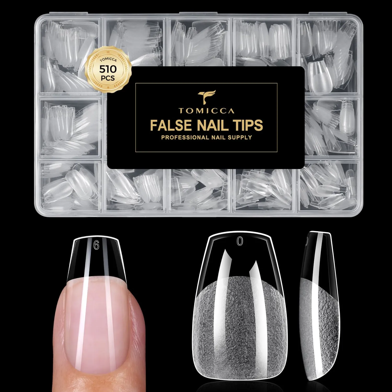 TOMICCA Short Coffin Nail Tips 510PCS, 15 Sizes Clear Nail Tips for Acrylic Nails, Short Coffin Nail Tips for DIY Salon, Gel Nail Extension Tips for Beginners & Nail Techs