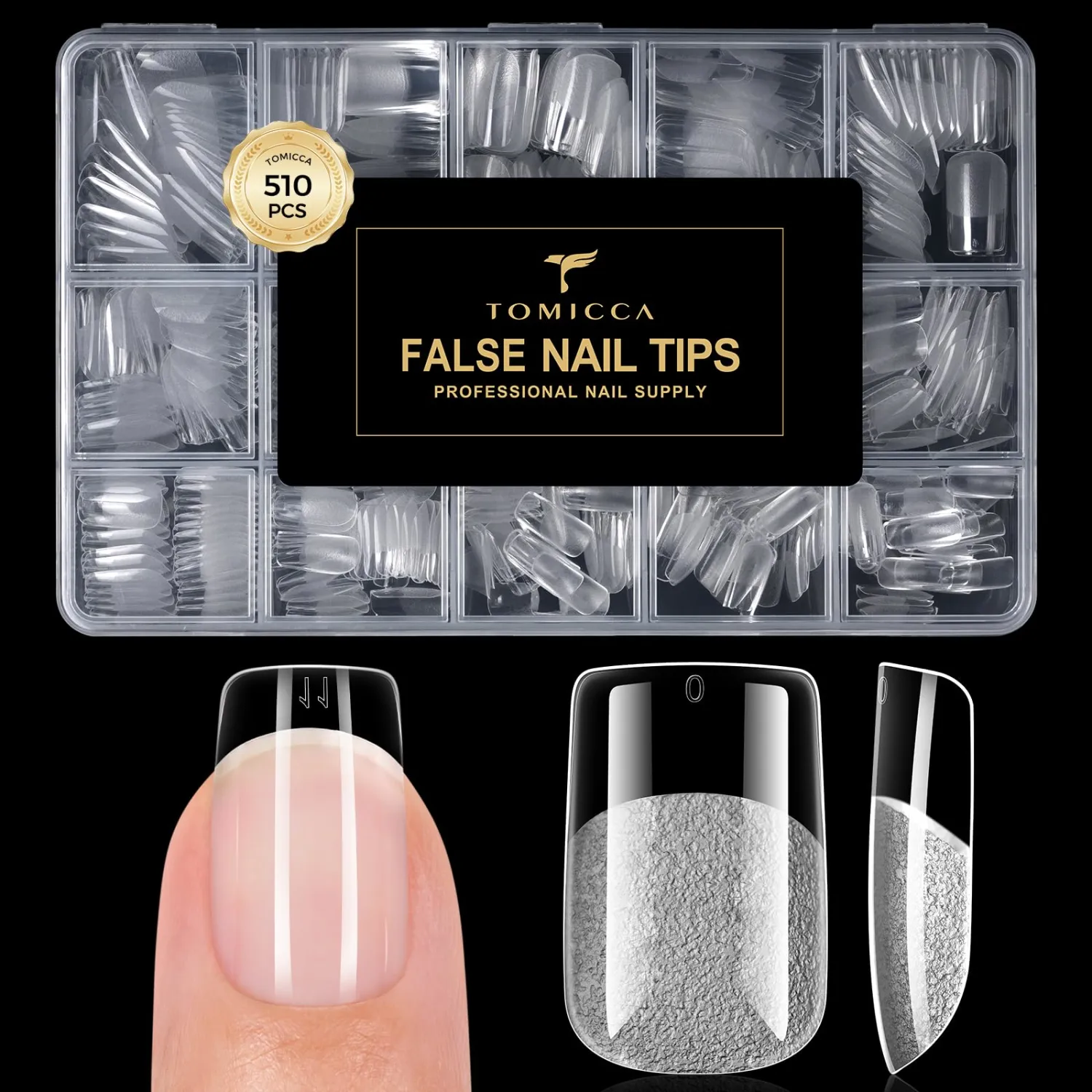 TOMICCA Short Square Nail Tips 510PCS, 15 Sizes Clear Nail Tips for Acrylic Nails, Short Nail Tips for DIY Salon, Gel Nail Extension Tips for Beginners & Nail Techs