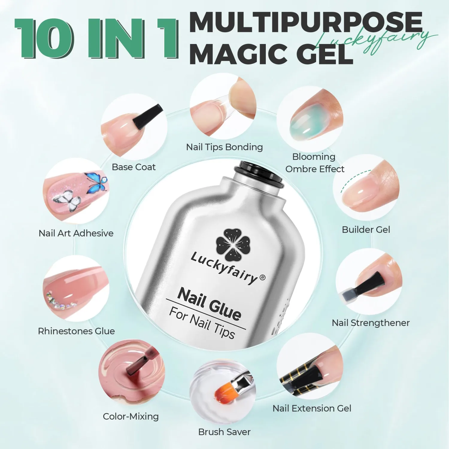 10 in 1 Gel Nail Glue for Nail Tips: 15ml U V Nail Gel Glue Super Strong Long Lasting for Clear Acrylic Press on False Nails, Base Blooming Gel Art, No Peel Off & Bubble Free Formula