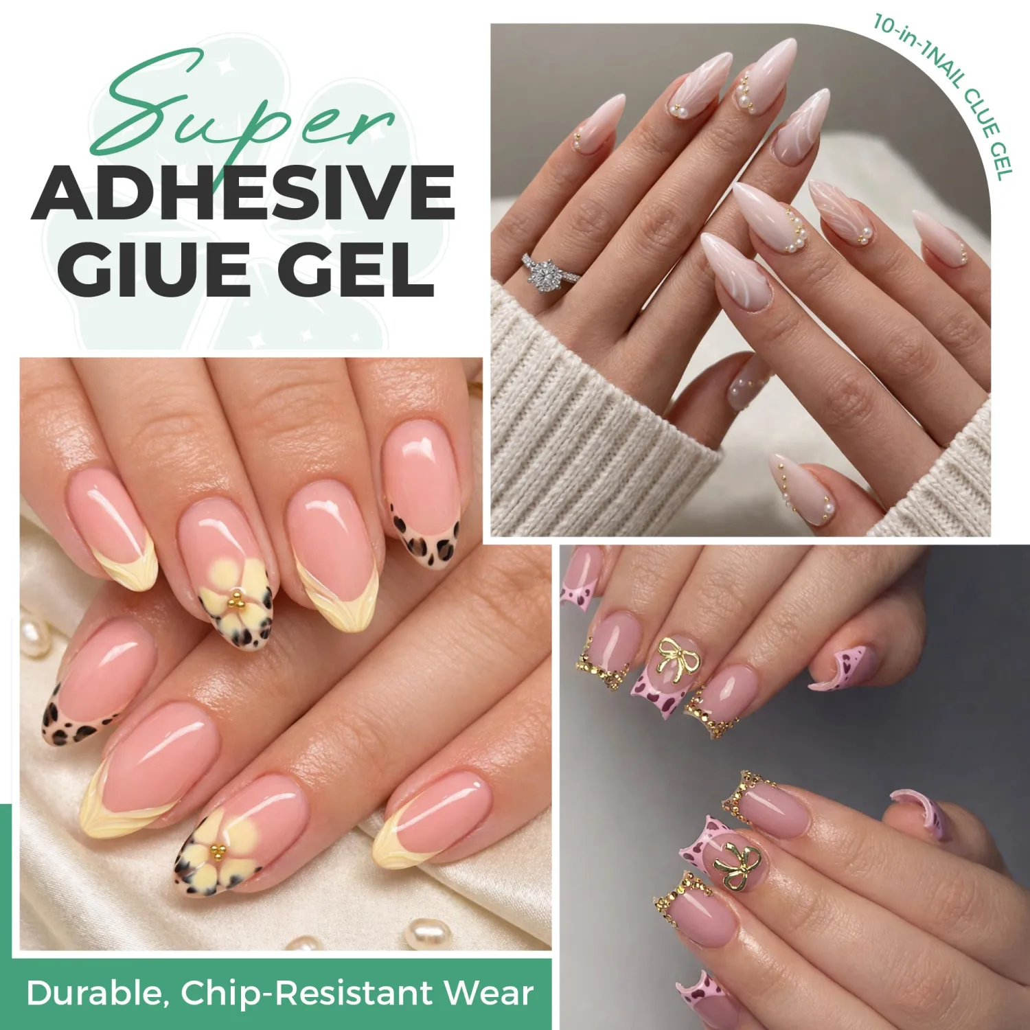 10 in 1 Gel Nail Glue for Nail Tips: 15ml U V Nail Gel Glue Super Strong Long Lasting for Clear Acrylic Press on False Nails, Base Blooming Gel Art, No Peel Off & Bubble Free Formula