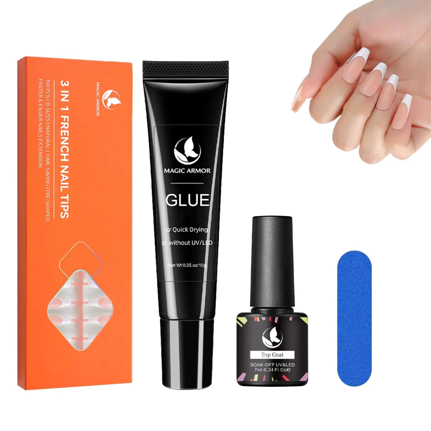 10g Semi Solid Nail Glue with 150Pcs Coffin Nails Tips, Nail Glue No U V Light Needed, French Tip Press on Nails No Need to File Soft Gel Nail Tips Fake Nails Tips for Nail Art DIY