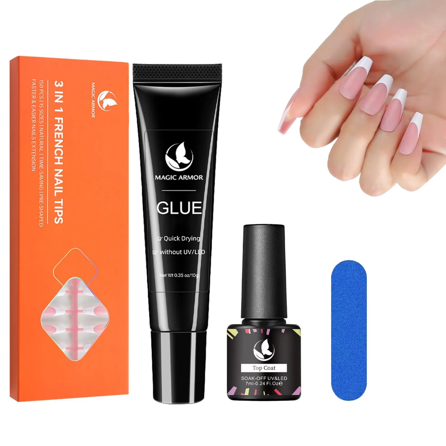 10g Semi Solid Nail Glue with150Pcs Coffin Nails Tips, Nail Glue No U V Light Needed, French Tip Press on Nails No Need to File Soft Gel Nail Tips Fake Nails Tips for Nail Art DIY