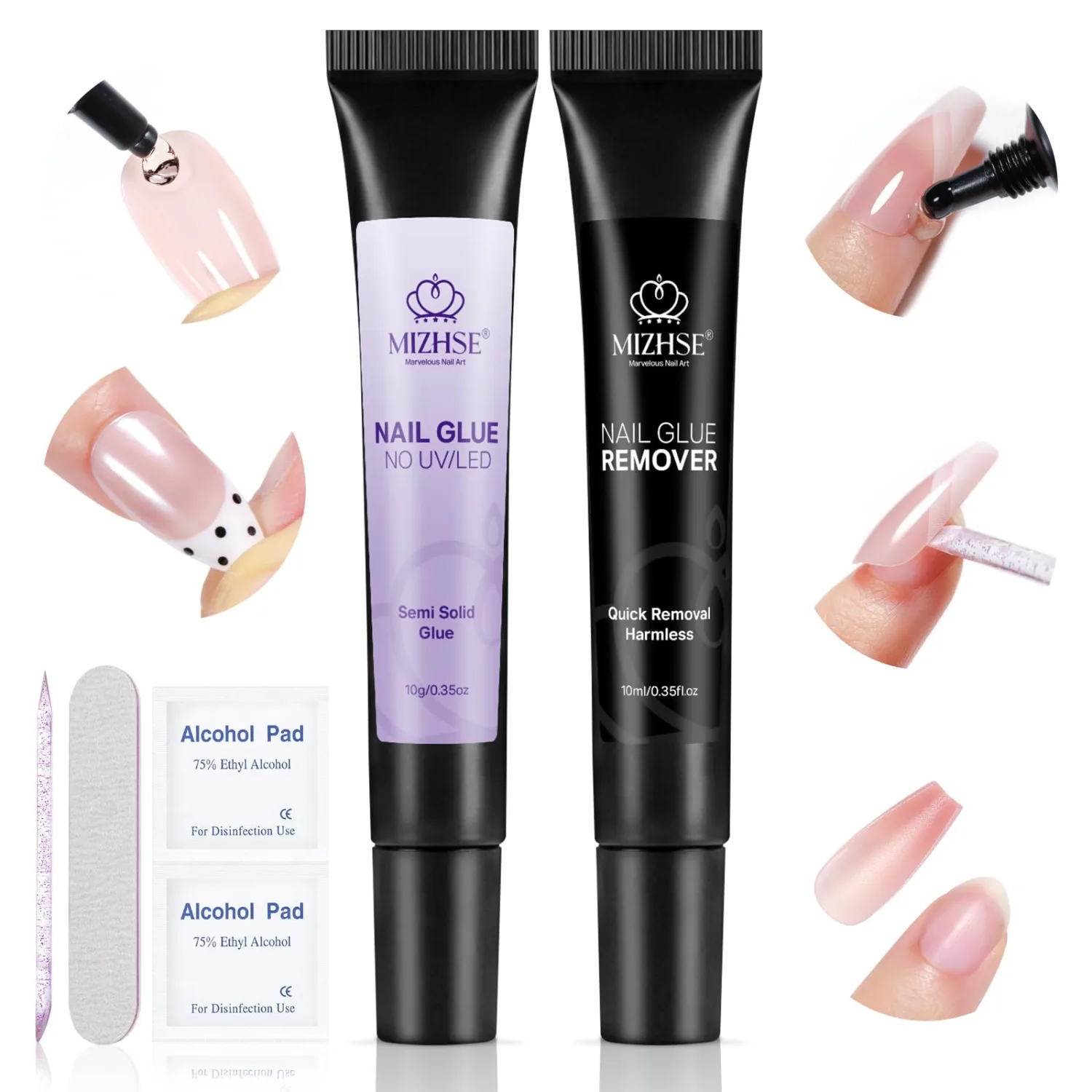 MIZHSE 10g Semi Solid Nail Glue & 10ml Remover Kit for Press On Nails Tips, Super Strong Quick Drying No U V Light Needed Glue on Nails, Easy-Control Non-Run Formula Fake Acrylic Nails Kit Glue Gel