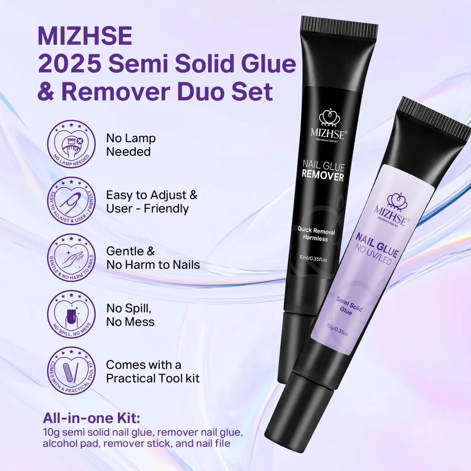 MIZHSE 10g Semi Solid Nail Glue & 10ml Remover Kit for Press On Nails Tips, Super Strong Quick Drying No U V Light Needed Glue on Nails, Easy-Control Non-Run Formula Fake Acrylic Nails Kit Glue Gel