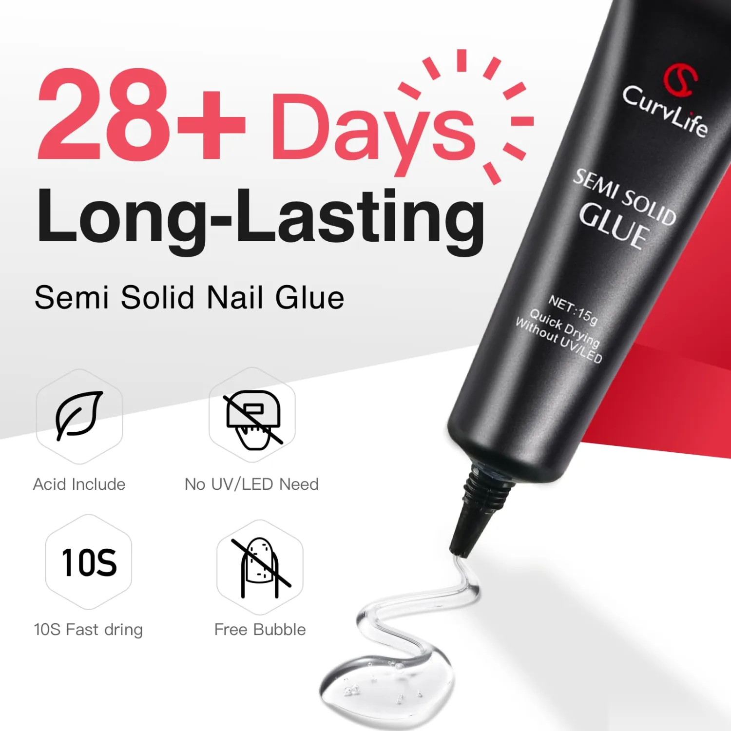 Curvlife 15g Quick Dry Semi Solid Nail Glue Gel and 20ml Brush Nail Glue Remover Set for Press On Nails, Czech Glass File & Cuticle Pusher for Flawless Application & Removal