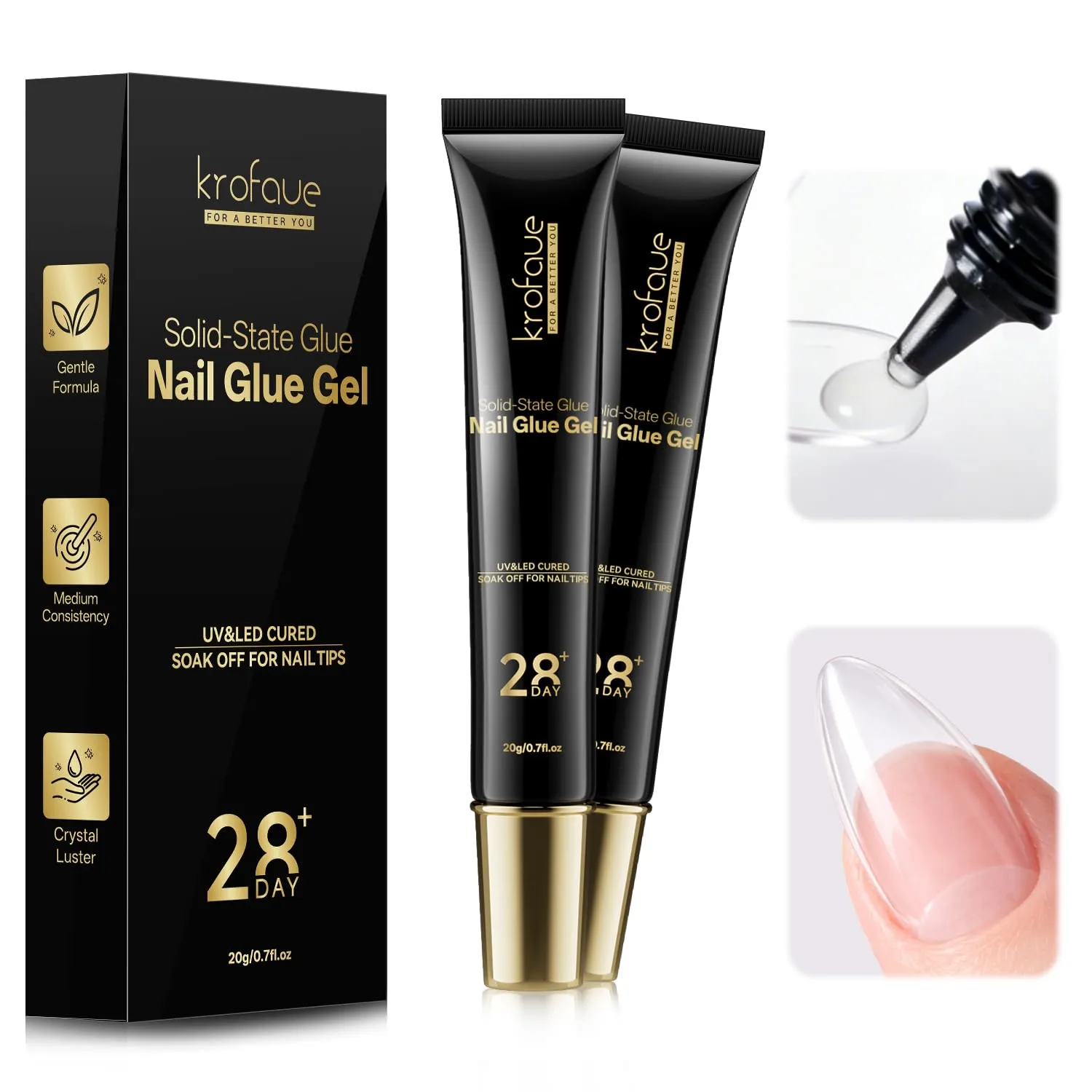 Krofaue Solid Nail Glue Gel, Press on Nail Glue 2 x 20g Each (40g Total), UV LED Lamp Curing Strong Adhesion for Acrylic Nail Tips Rhinestones 3D Nail Gel Nail Extension, Art DIY & Professional Use