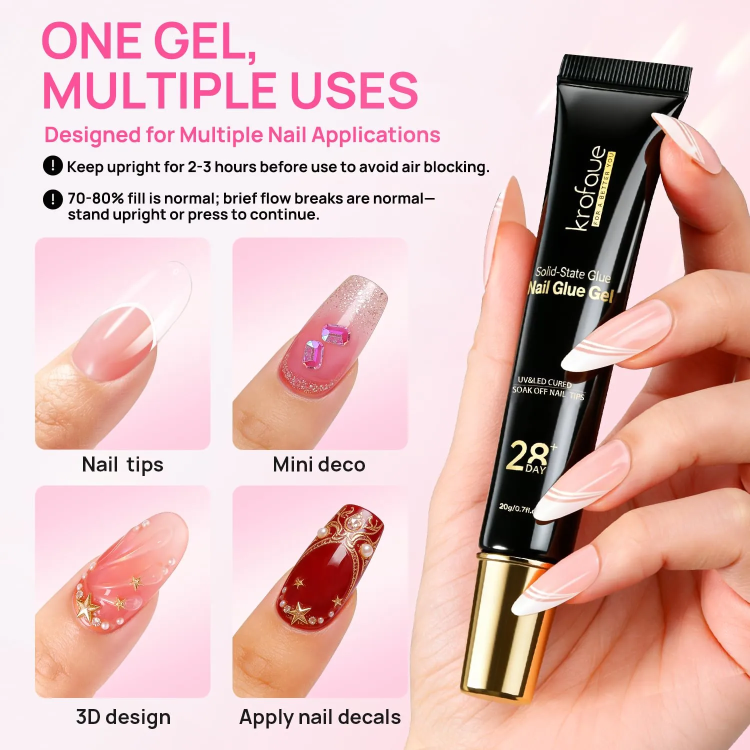 Krofaue Solid Nail Glue Gel, Press on Nail Glue 4 x 20g Each (80g Total), UV LED Lamp Curing Strong Adhesion for Acrylic Nail Tips Rhinestones 3D Nail Gel Nail Extension, Art DIY & Professional Use