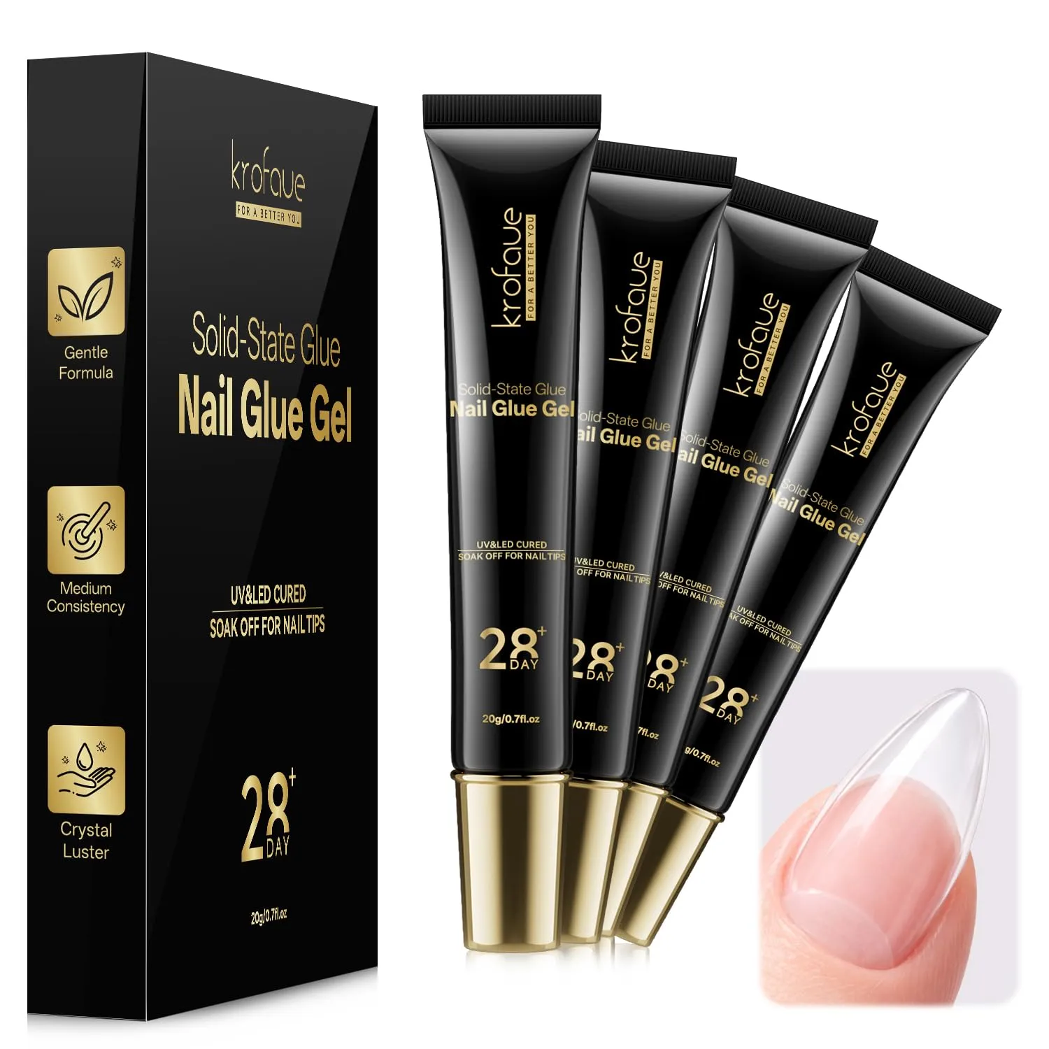 Krofaue Solid Nail Glue Gel, Press on Nail Glue 4 x 20g Each (80g Total), UV LED Lamp Curing Strong Adhesion for Acrylic Nail Tips Rhinestones 3D Nail Gel Nail Extension, Art DIY & Professional Use