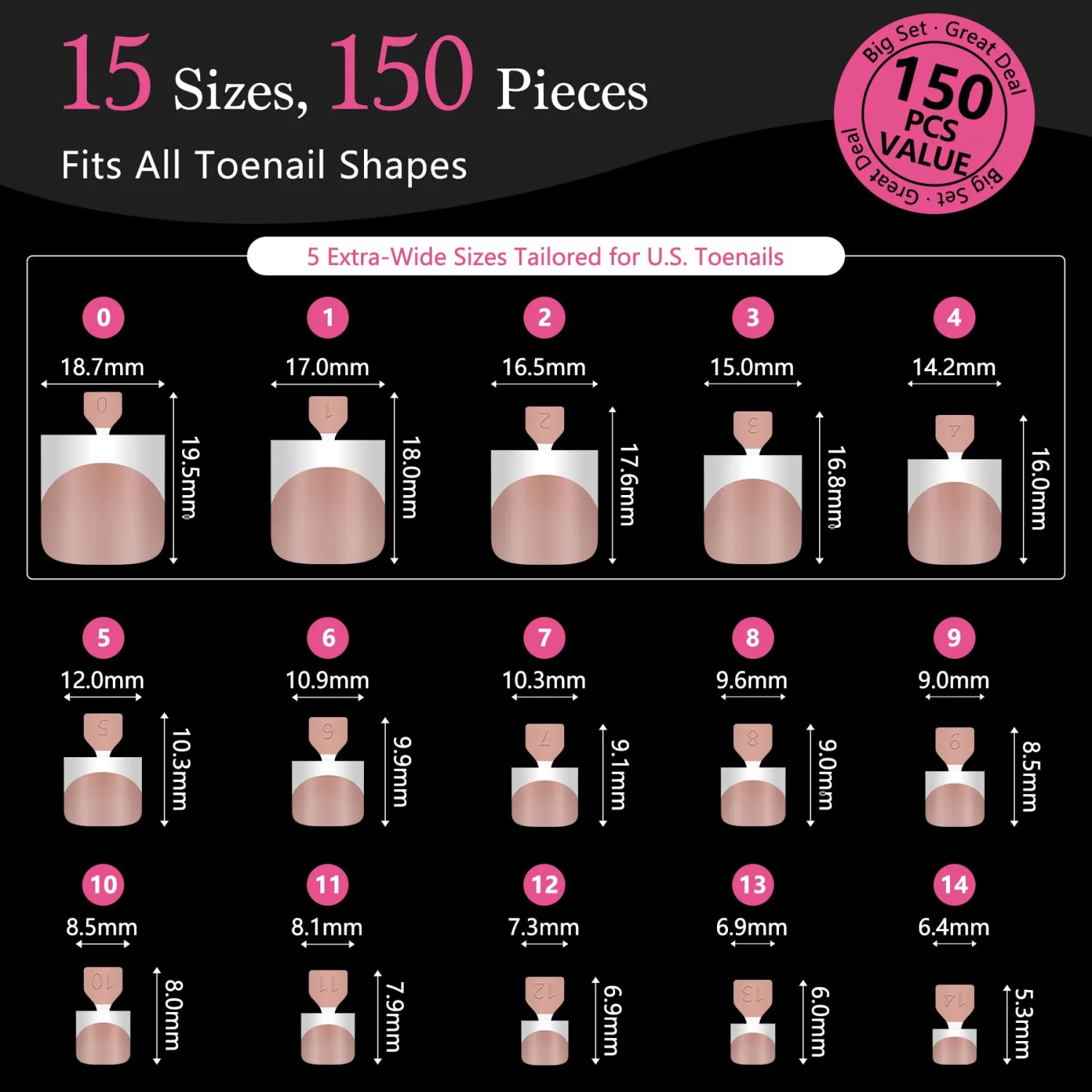 Toe Nails Press On French Tips for Women, 15 Sizes 150 Pcs Sharp Square Pre-applied Primer & Base Coat Toenail Press Ons Brown+White Full Cover Extension, Builder Nail Gel & Top Coat Required
