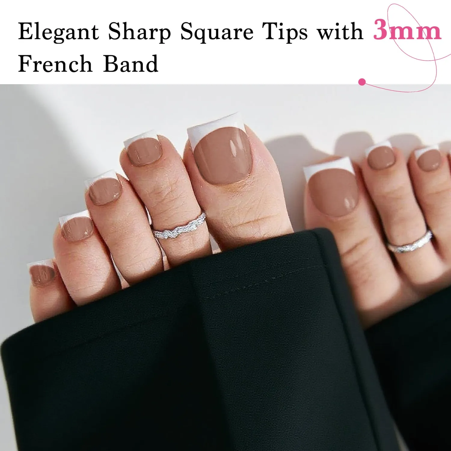 Toe Nails Press On French Tips for Women, 15 Sizes 150 Pcs Sharp Square Pre-applied Primer & Base Coat Toenail Press Ons Brown+White Full Cover Extension, Builder Nail Gel & Top Coat Required