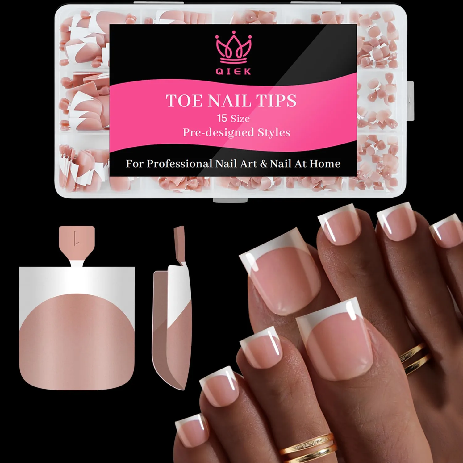 Toe Nails Press On French Tips for Women, 15 Sizes 150 Pcs Sharp Square Pre-applied Primer & Base Coat Toenail Press Ons Brown+White Full Cover Extension, Builder Nail Gel & Top Coat Required